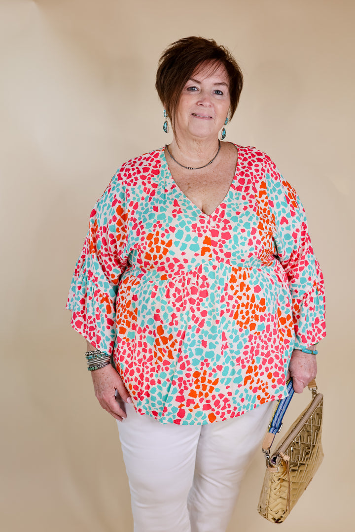 Feeling Ideal Multi Color Dotted Babydoll Top with Ruffle 3/4 Sleeves in Ivory - Giddy Up Glamour Boutique