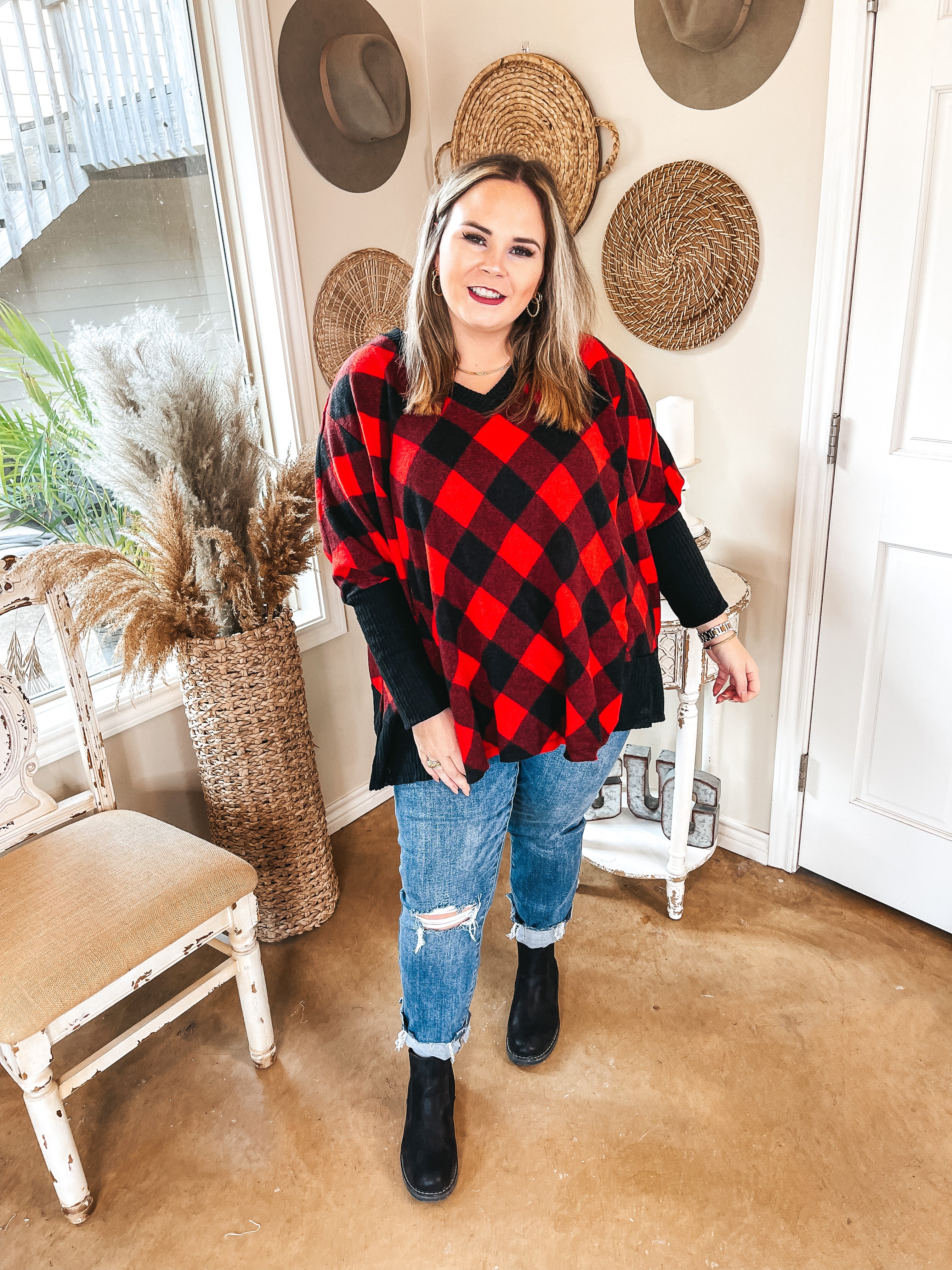 Just Joyful Buffalo Plaid Long Sleeve Shift Top in Red and Black - Giddy Up Glamour Boutique