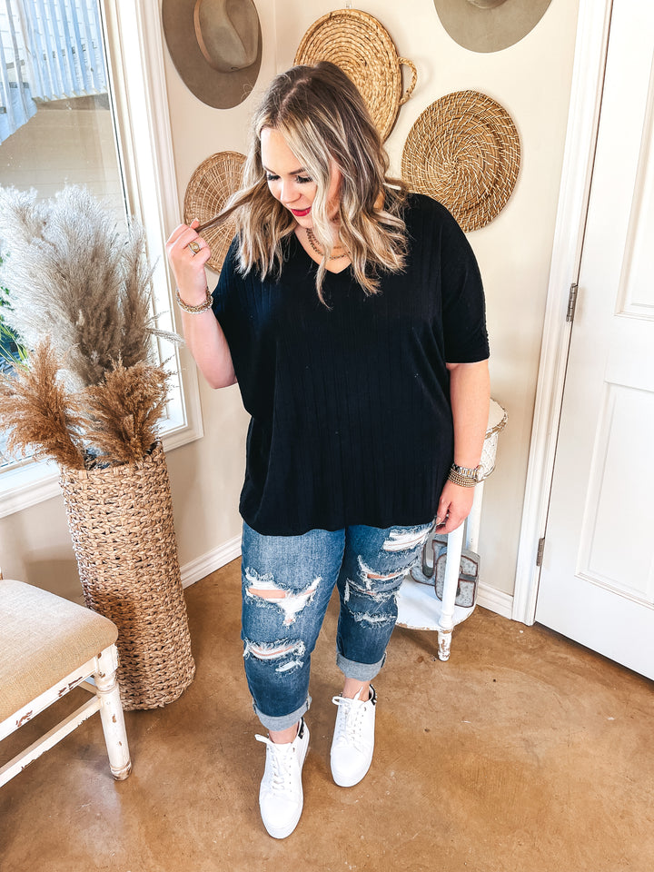 No Secrets V Neck Ribbed Poncho Top in Black - Giddy Up Glamour Boutique