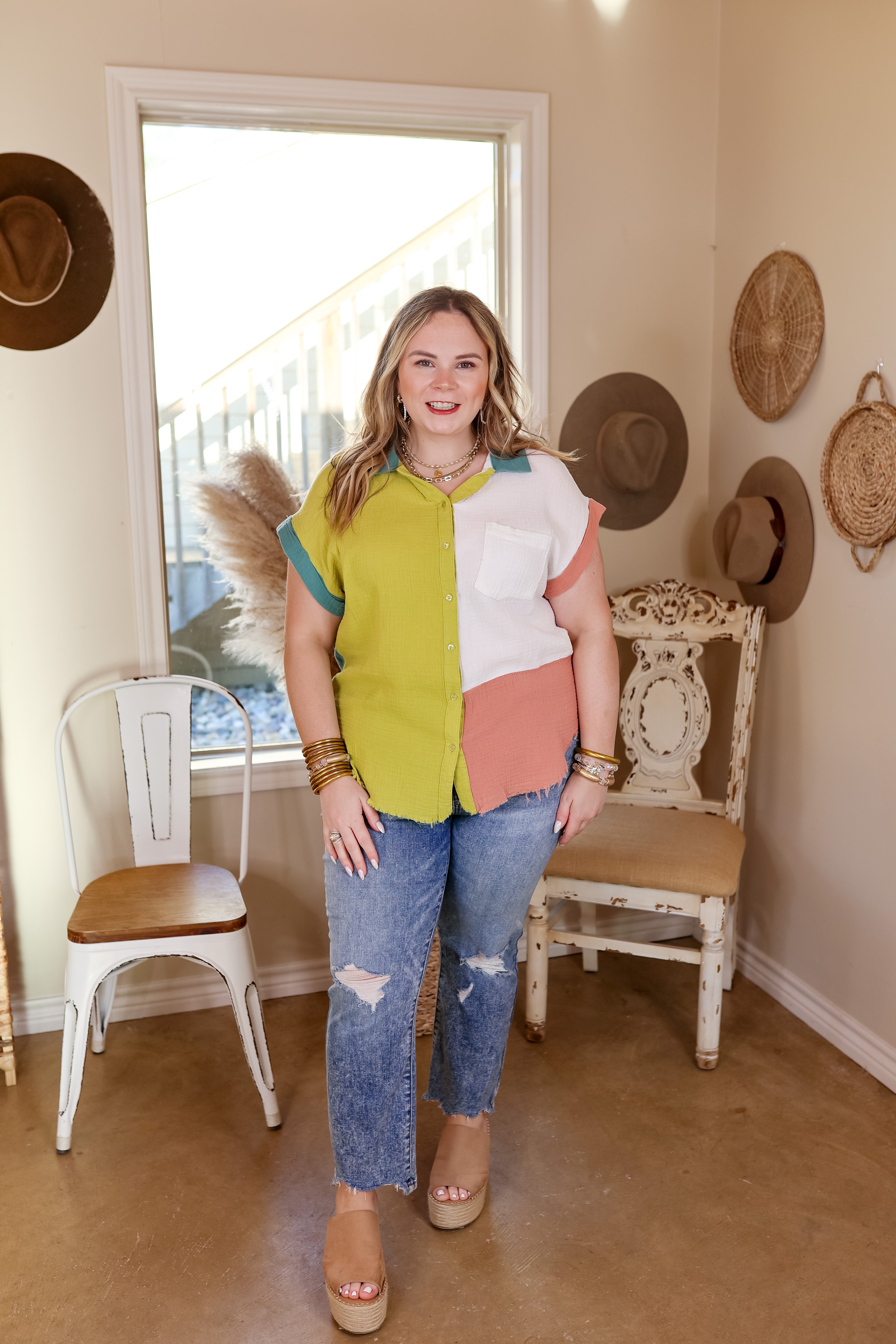 Easy On Me Button Up Color Block Top in Teal and Green - Giddy Up Glamour Boutique