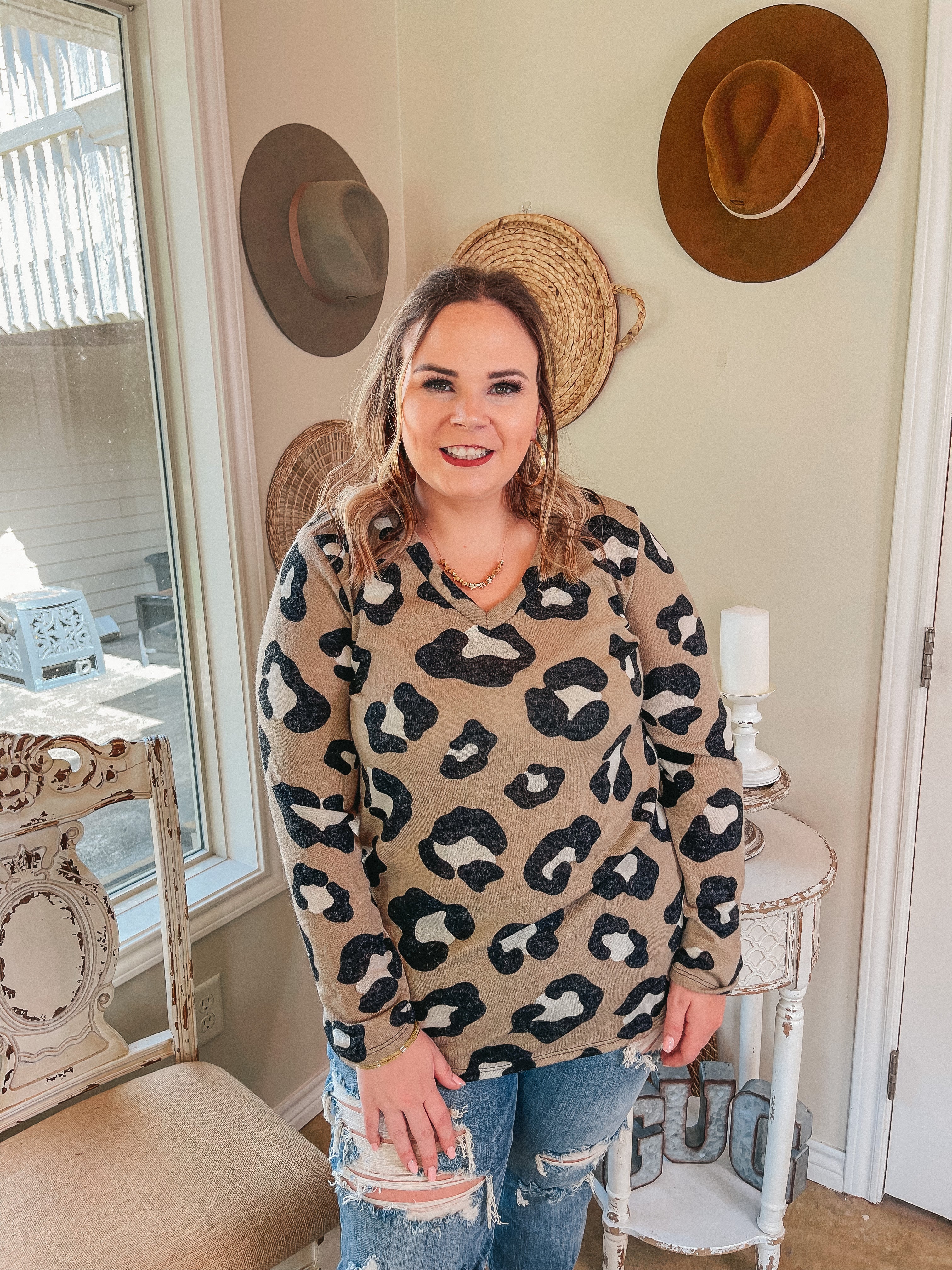 Keep Things Simple Long Sleeve Large Leopard V Neck Pullover Top in Taupe - Giddy Up Glamour Boutique