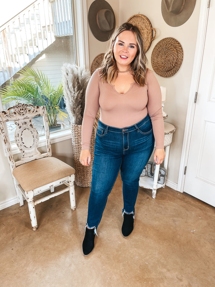 Dream Babe Notched Neckline Crop Long Sleeve Top in Nude - Giddy Up Glamour Boutique