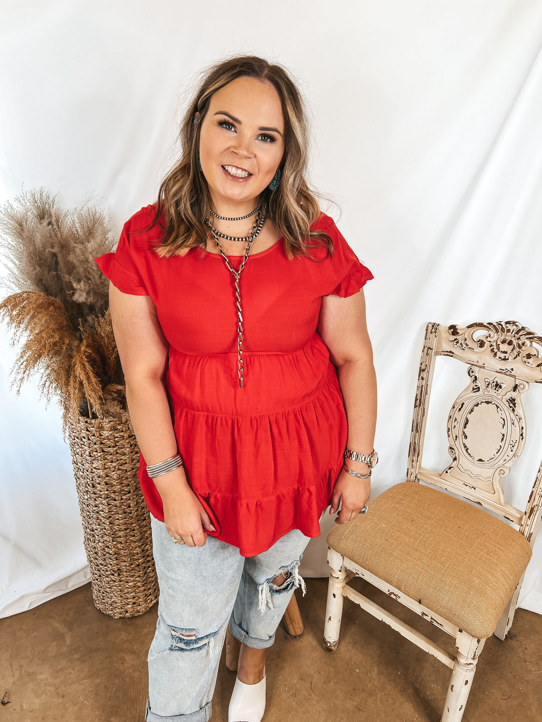 Belong To You Tiered Top with Ruffle Cap Sleeves in Red - Giddy Up Glamour Boutique