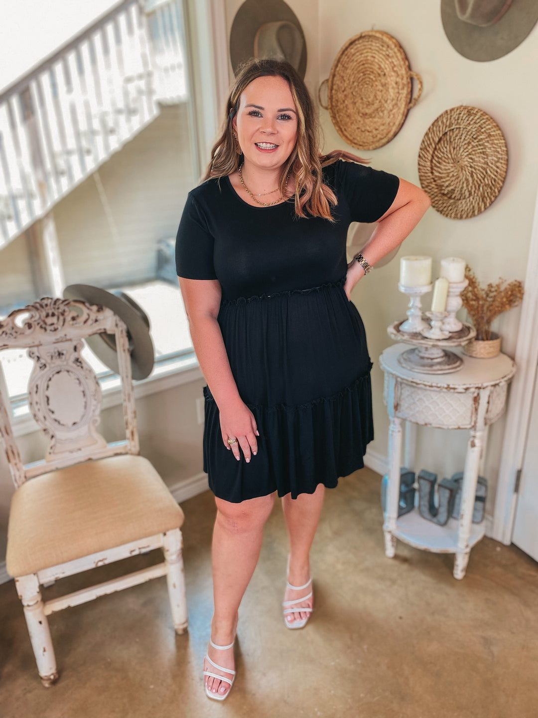 A Night to Remember Ruffle Tiered Short Sleeve Dress in Black - Giddy Up Glamour Boutique