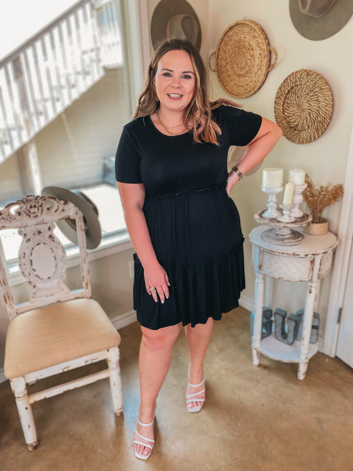 A Night to Remember Ruffle Tiered Short Sleeve Dress in Black - Giddy Up Glamour Boutique