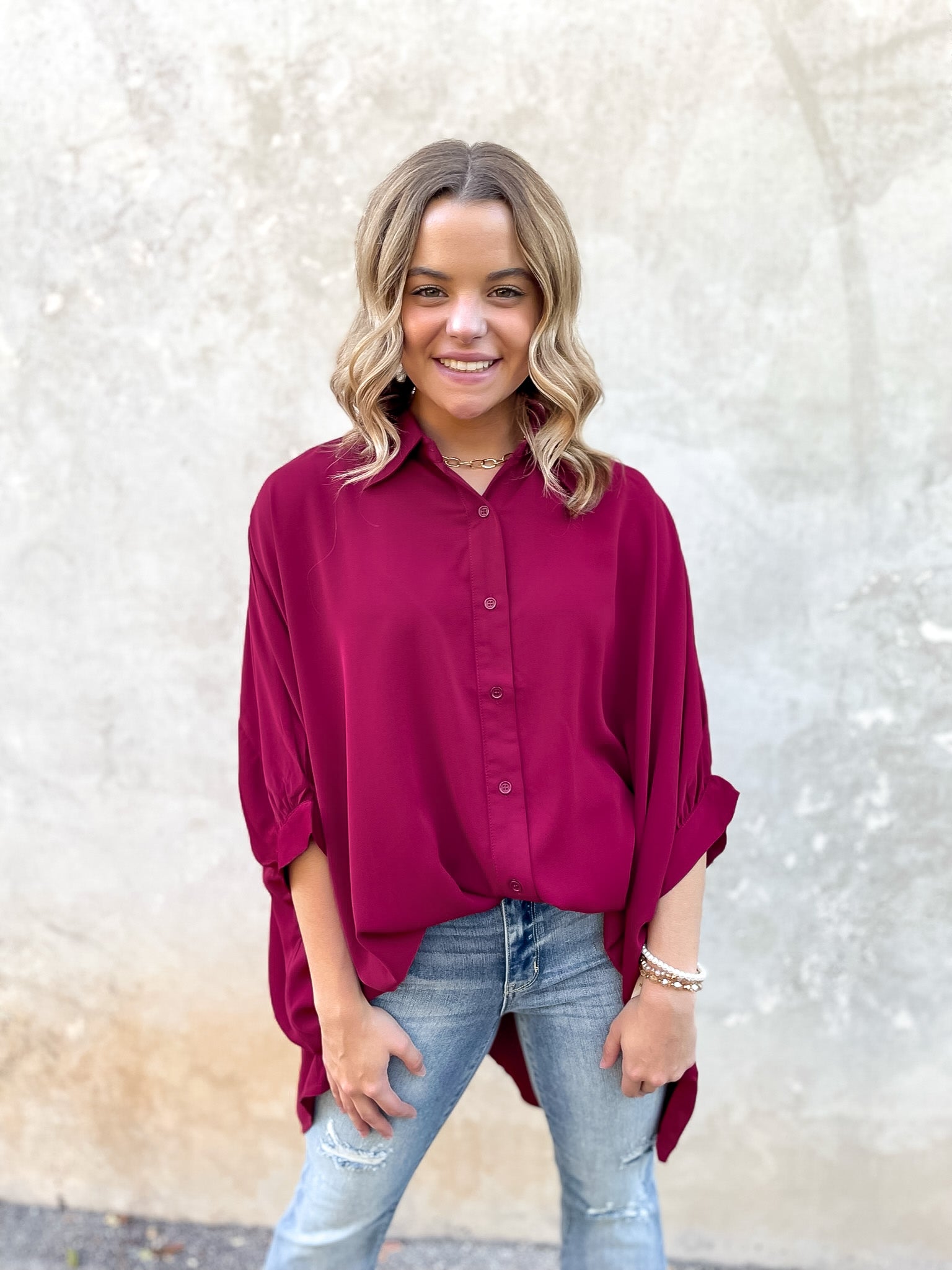 City Lifestyle Button Up Half Sleeve Poncho Top in Maroon - Giddy Up Glamour Boutique