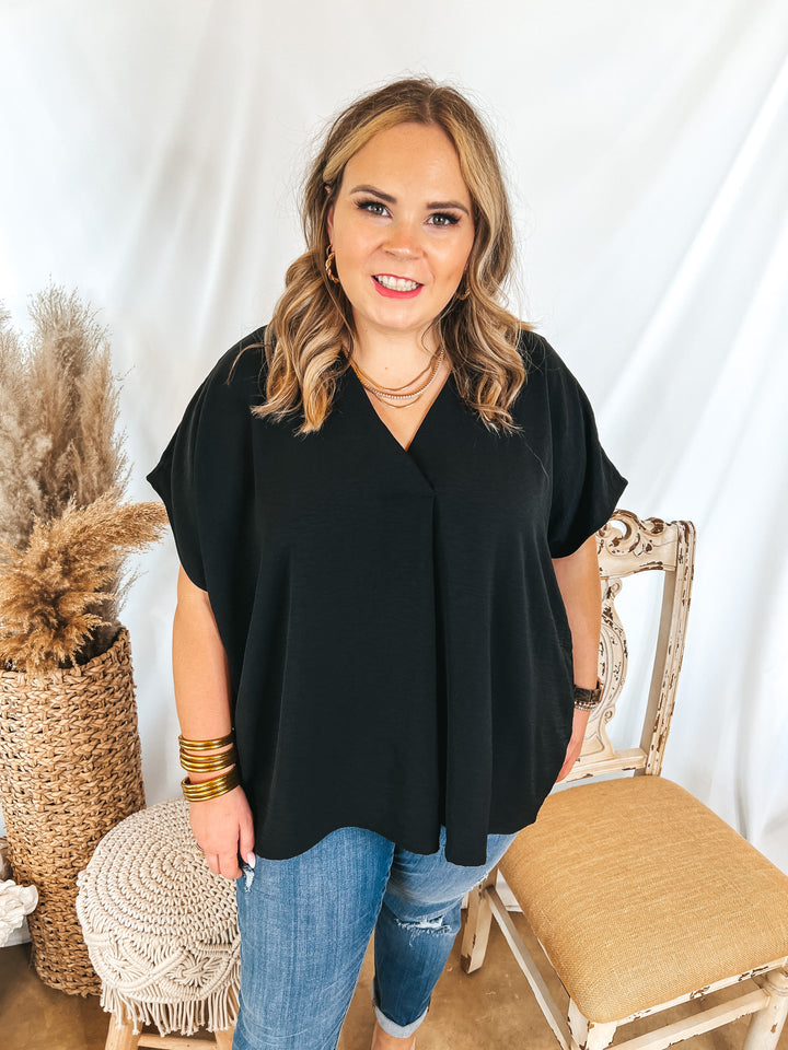 Weekend Out V Neck Placket Short Sleeve Top in Black - Giddy Up Glamour Boutique