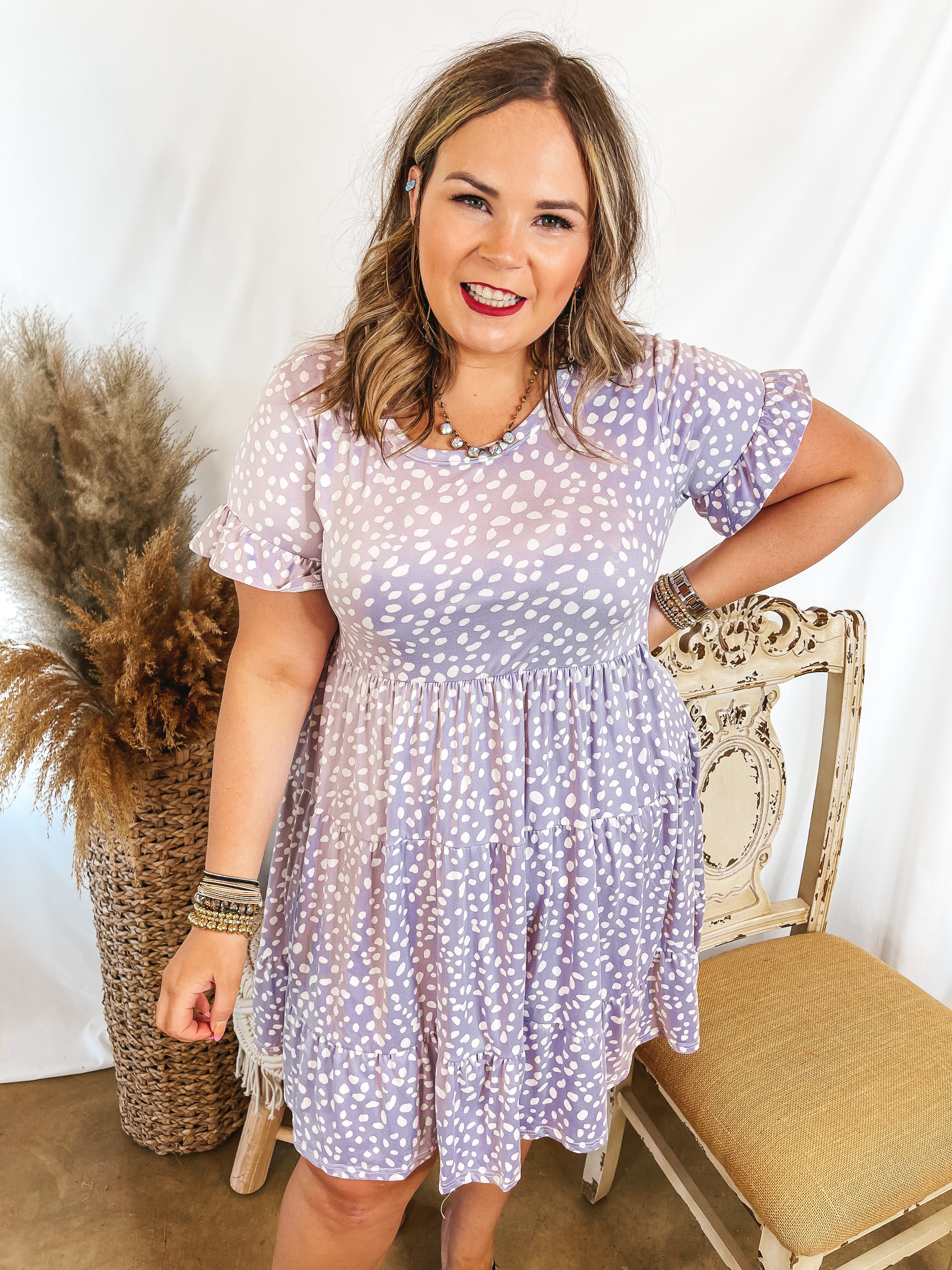 Cloud Nine Dotted Ruffle Tiered Dress with Ruffle Sleeves in Pastel Purple - Giddy Up Glamour Boutique