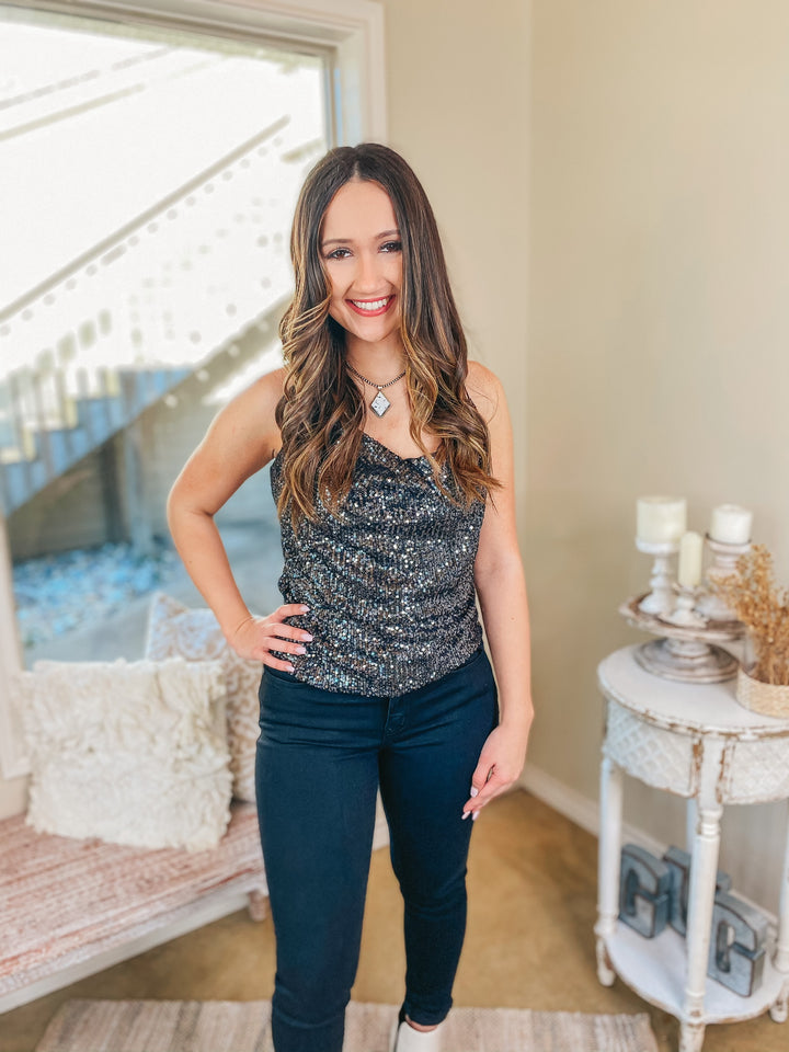 Let It Shimmer Cowl Neck Spaghetti Strap Sequin Top in Black - Giddy Up Glamour Boutique