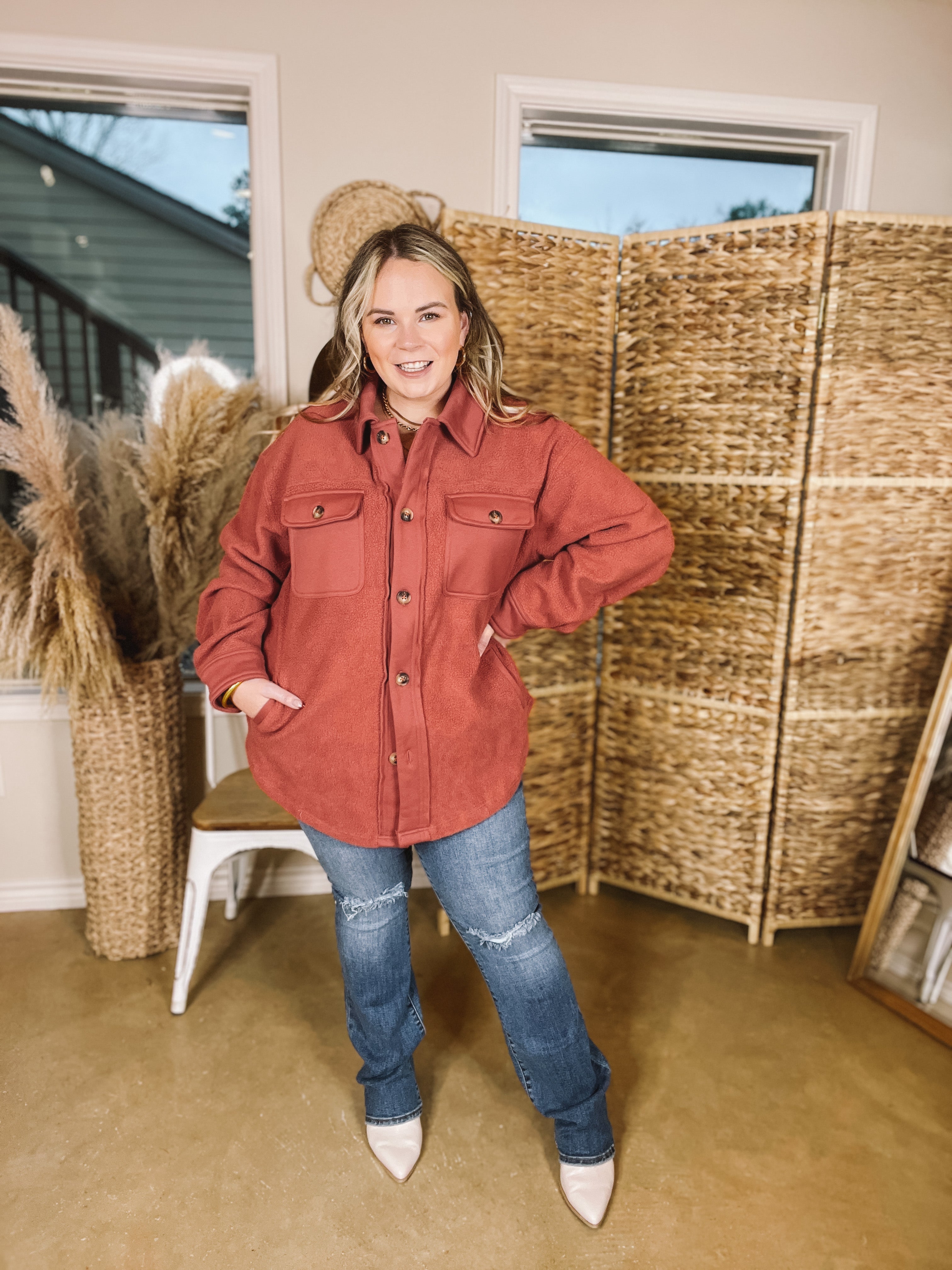 Hollywood Hike Button Up Fleece Jacket with Pockets in Clay Red - Giddy Up Glamour Boutique