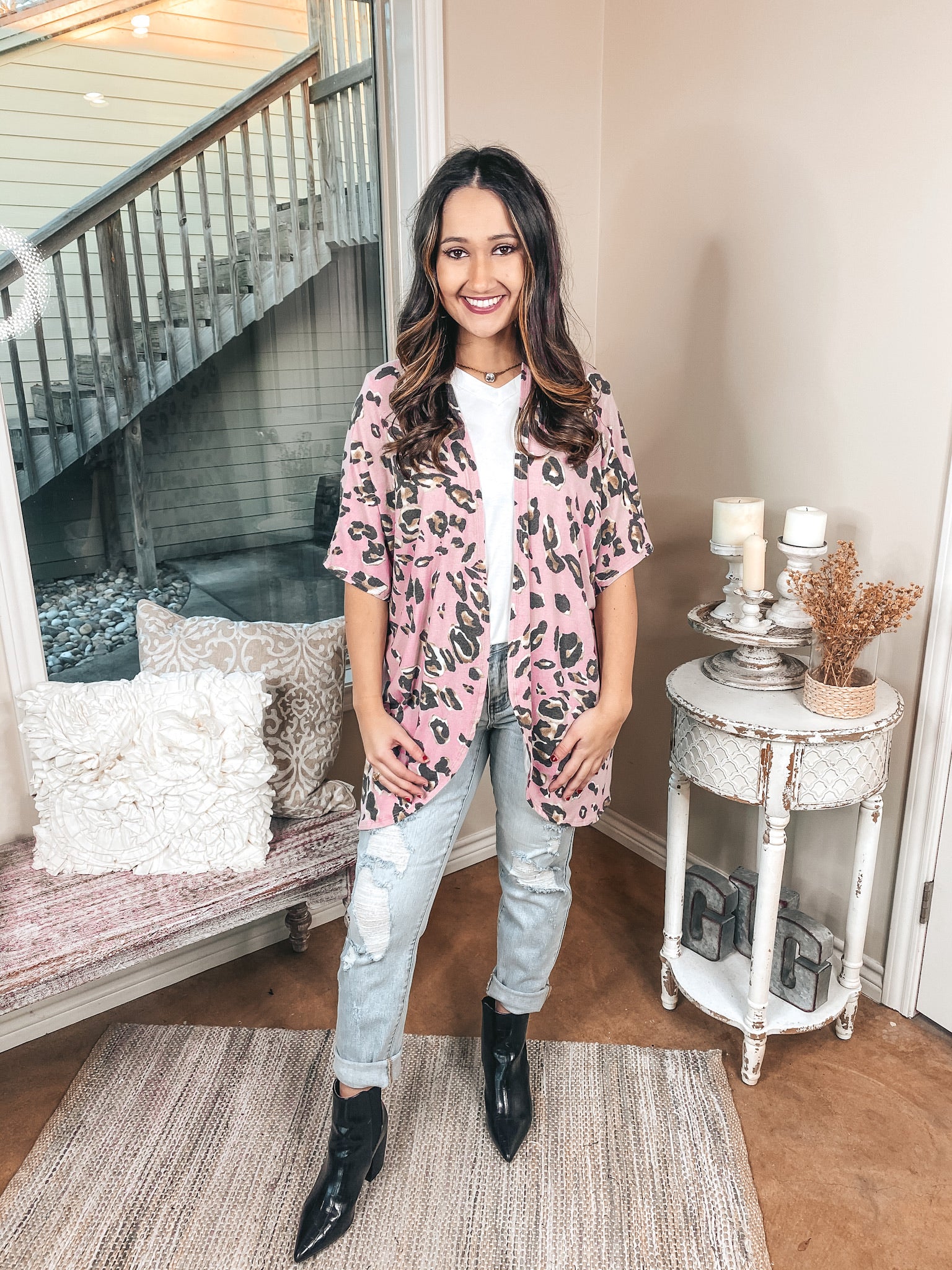 Ahead Of The Trend Leopard Short Drop Sleeve Cardigan in Blush Pink - Giddy Up Glamour Boutique
