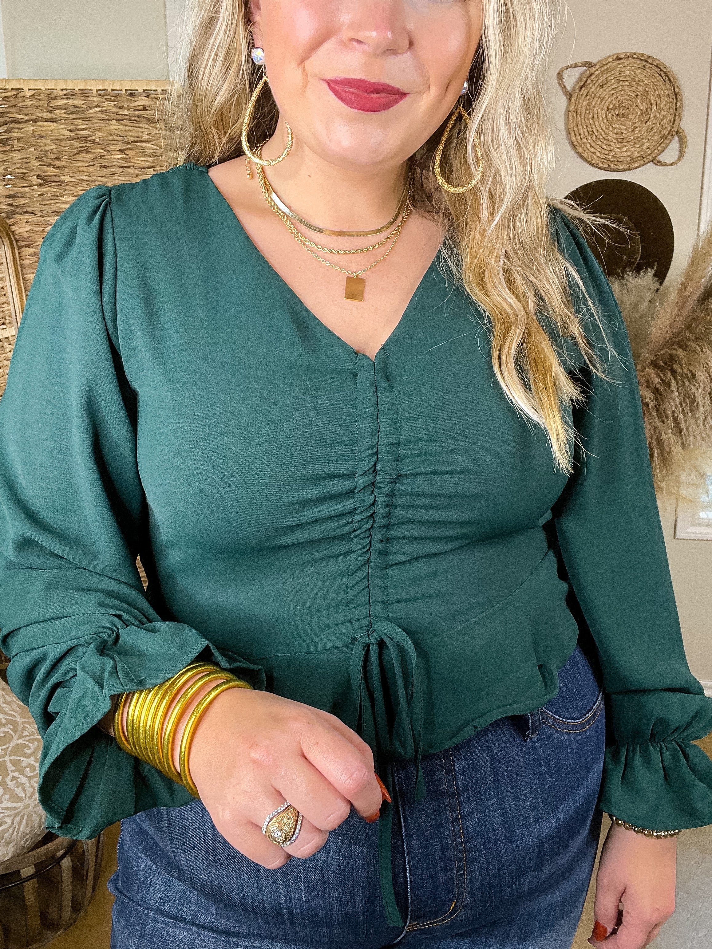 Authentic Aura Ruched Front Peplum Crop Top with Long Sleeves in Forest Green - Giddy Up Glamour Boutique