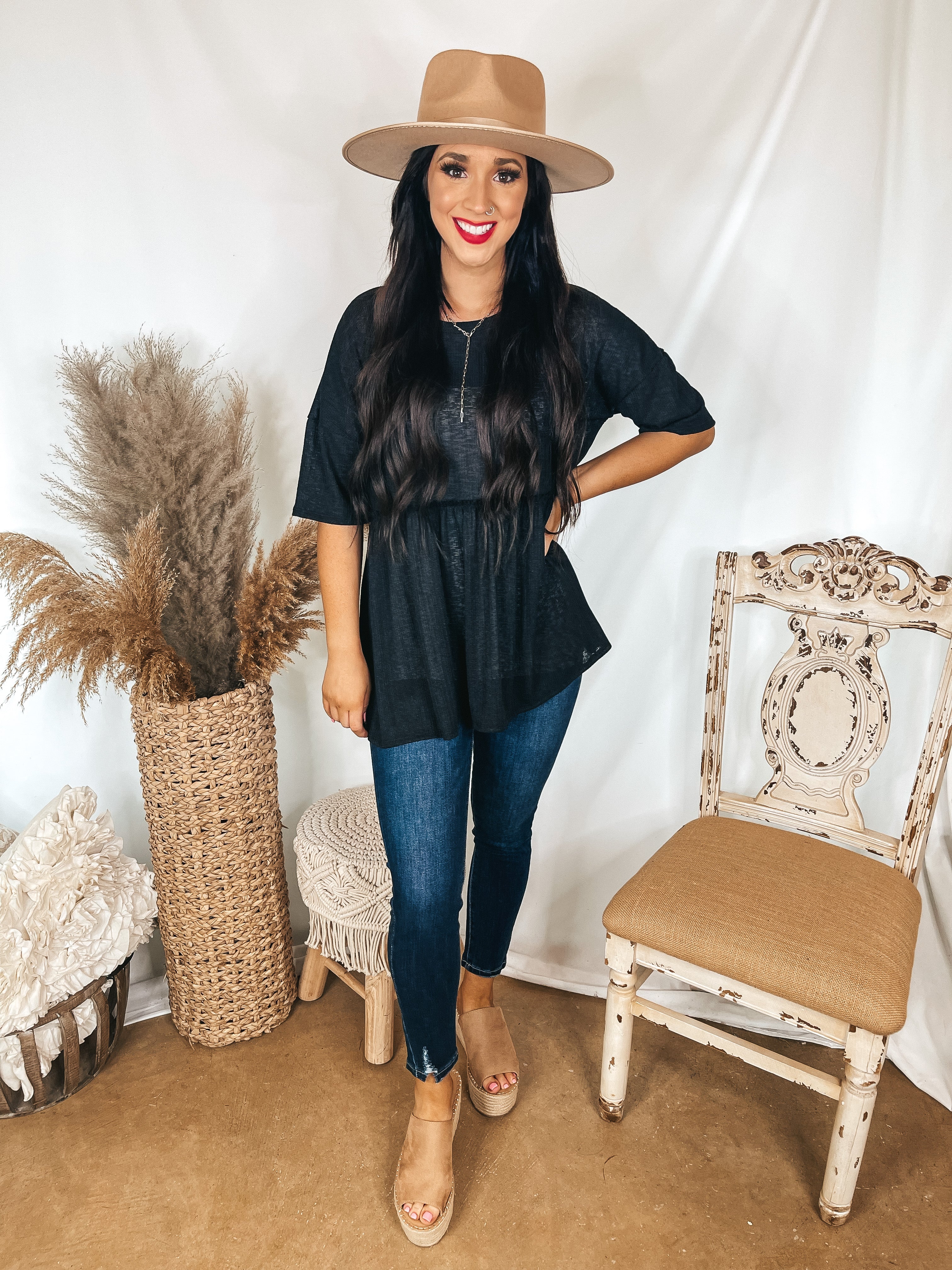 Classy and Casual Short Sleeve Babydoll Top in Black - Giddy Up Glamour Boutique