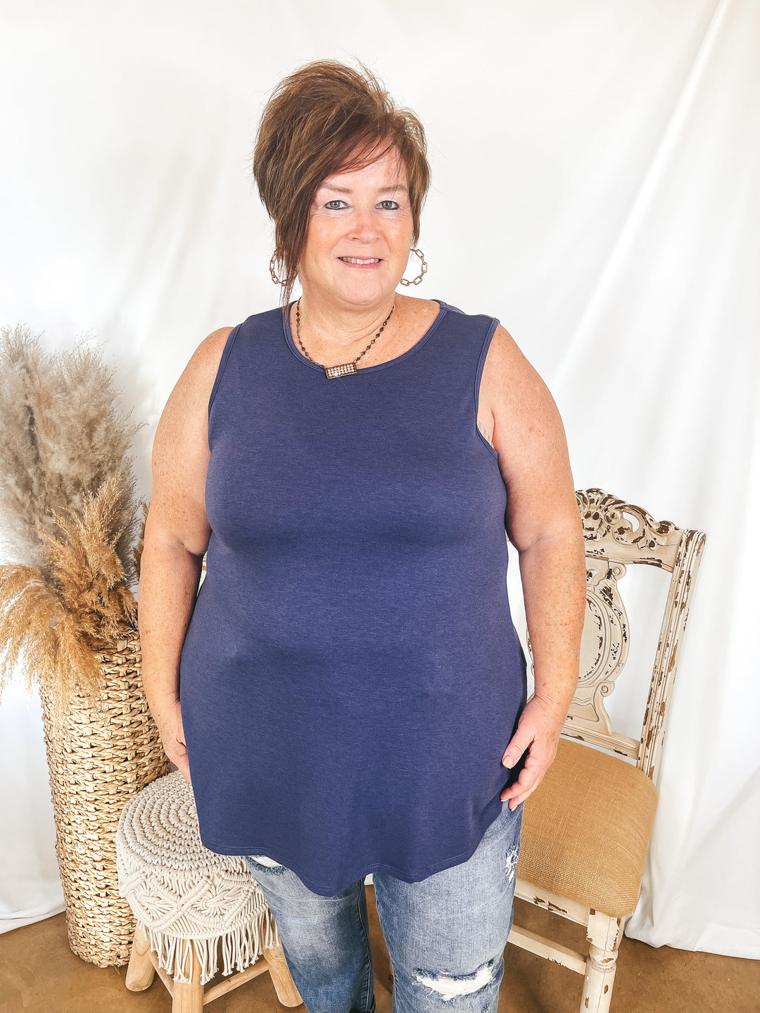 Give Me Joy Solid Knit A-Line Tank Top in Dusty Navy Blue - Giddy Up Glamour Boutique