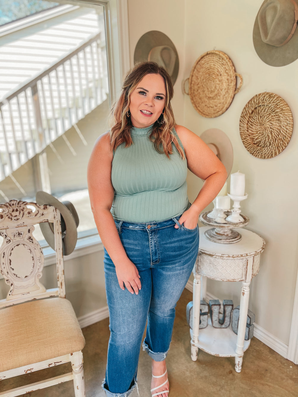 Take Me Somewhere High Neck Ribbed Tank Top in Sage Green - Giddy Up Glamour Boutique