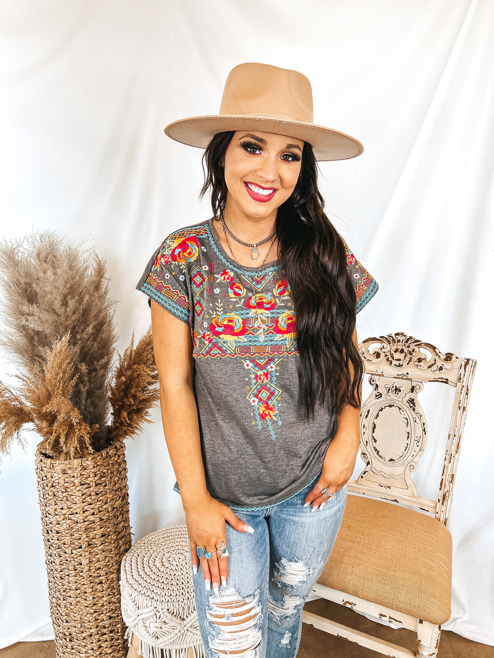 Maya Riviera Floral and Aztec Embroidered Short Sleeve Top in Charcoal Grey - Giddy Up Glamour Boutique