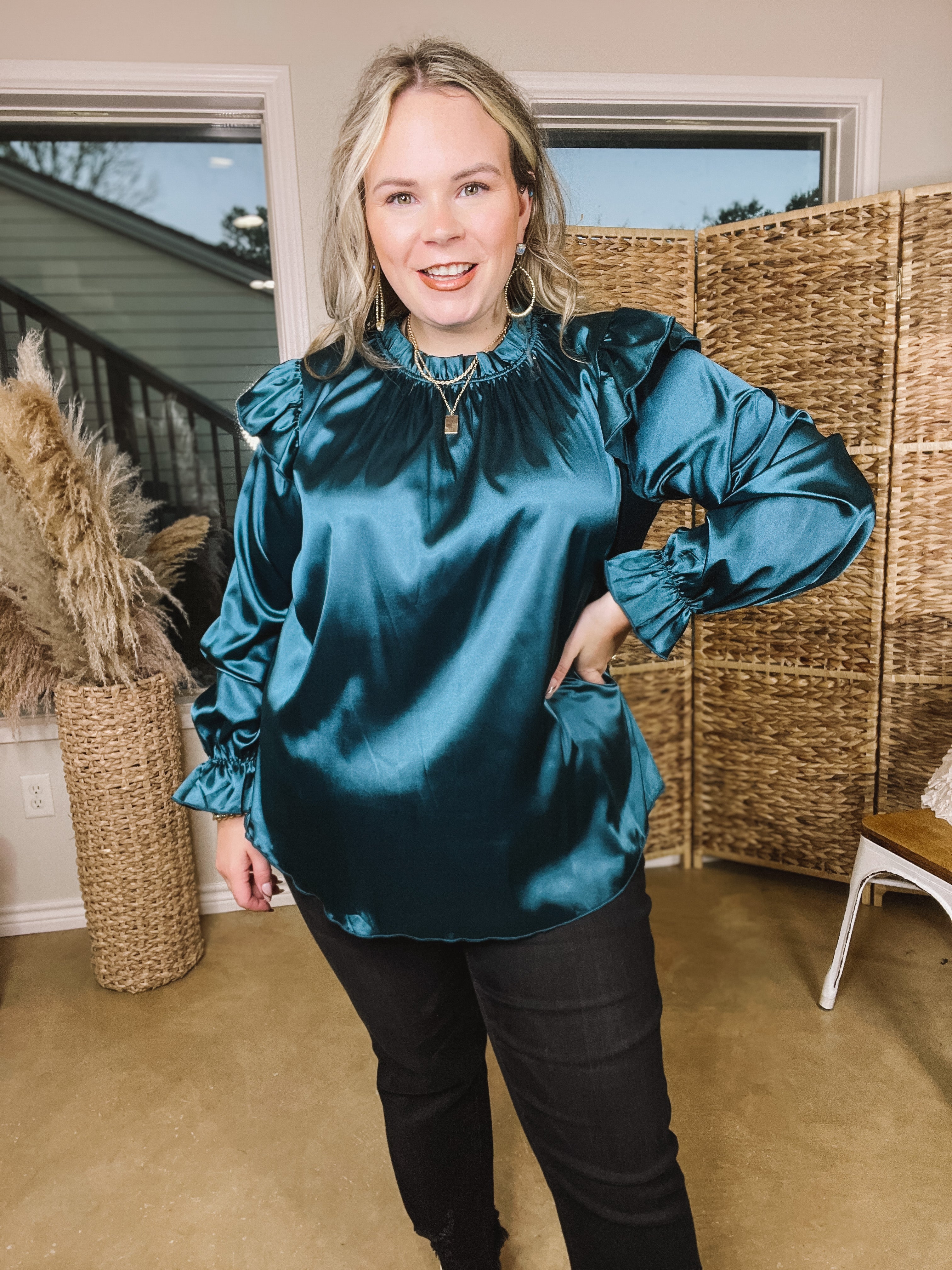 Can't Stop Me Ruffle Mock Neck Long Sleeve Satin Top in Dark Teal - Giddy Up Glamour Boutique