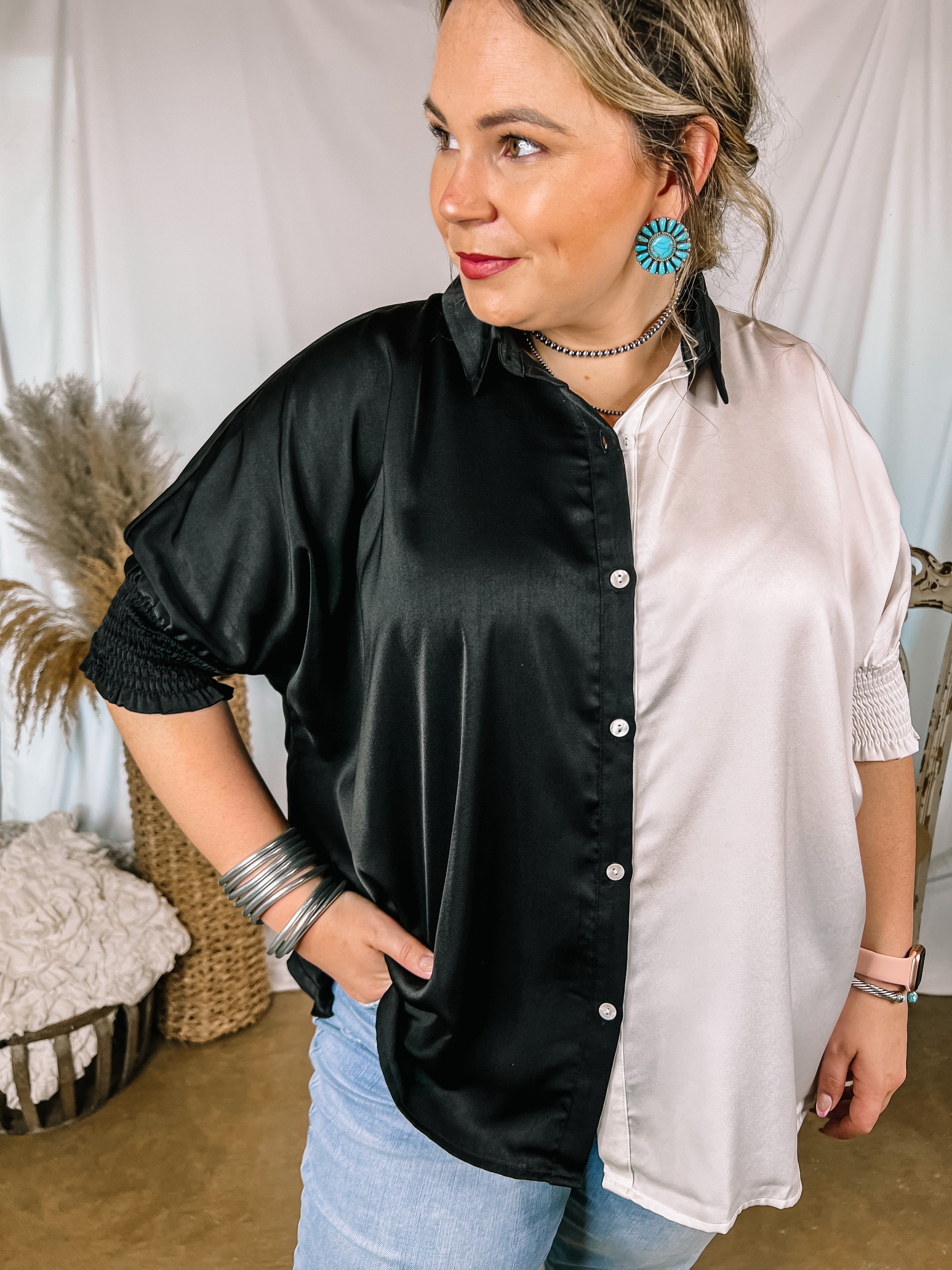 Major Glow Satin Smocked 3/4 Sleeve Button Up Blouse in Black and White - Giddy Up Glamour Boutique