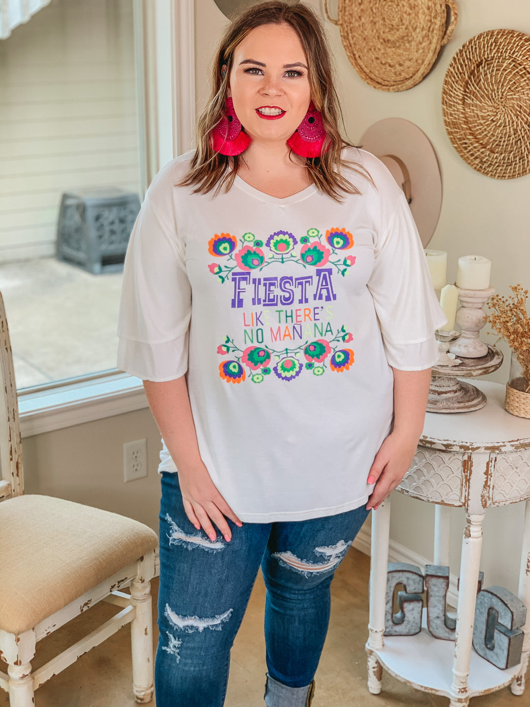 Fiesta Like There's No Mañana Ruffle Half Sleeve Top in Ivory - Giddy Up Glamour Boutique