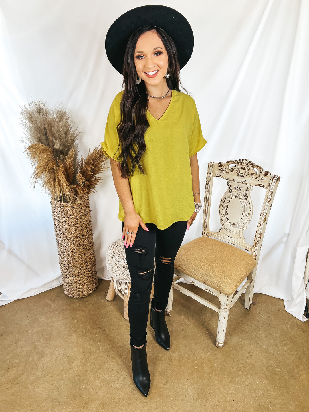 Lovely Dear V Neck Short Sleeve Solid Top in Gold Kiwi - Giddy Up Glamour Boutique