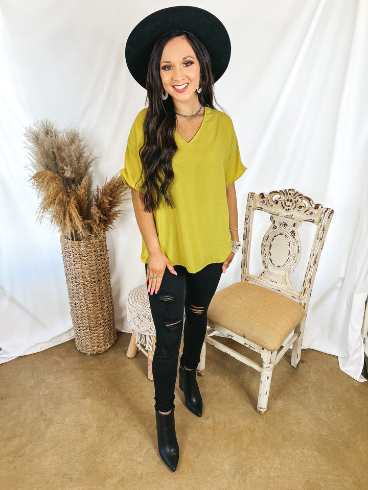 Lovely Dear V Neck Short Sleeve Solid Top in Gold Kiwi - Giddy Up Glamour Boutique