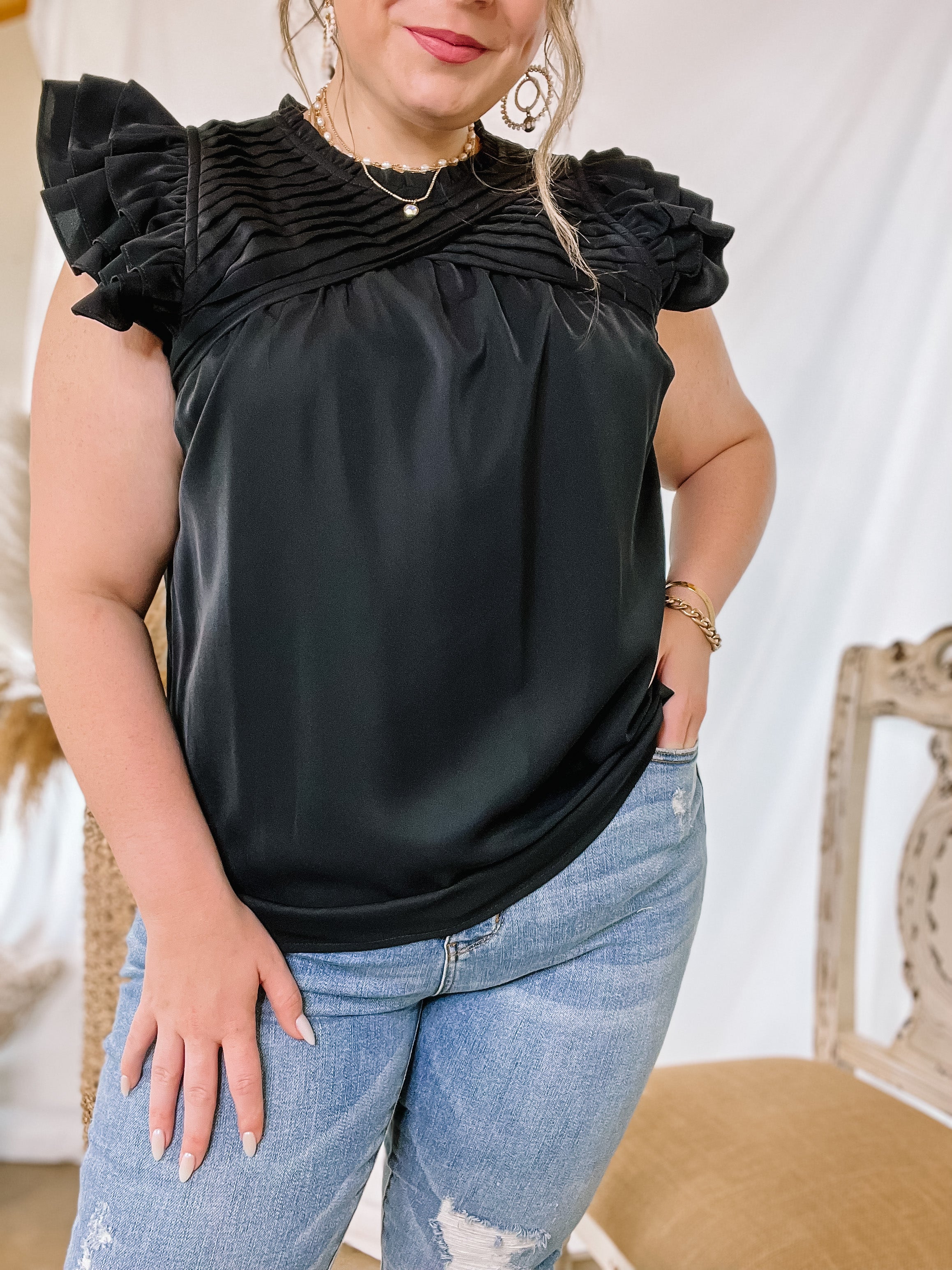 Expect The Best Pleated Upper Blouse with Ruffle Cap Sleeves in Black - Giddy Up Glamour Boutique