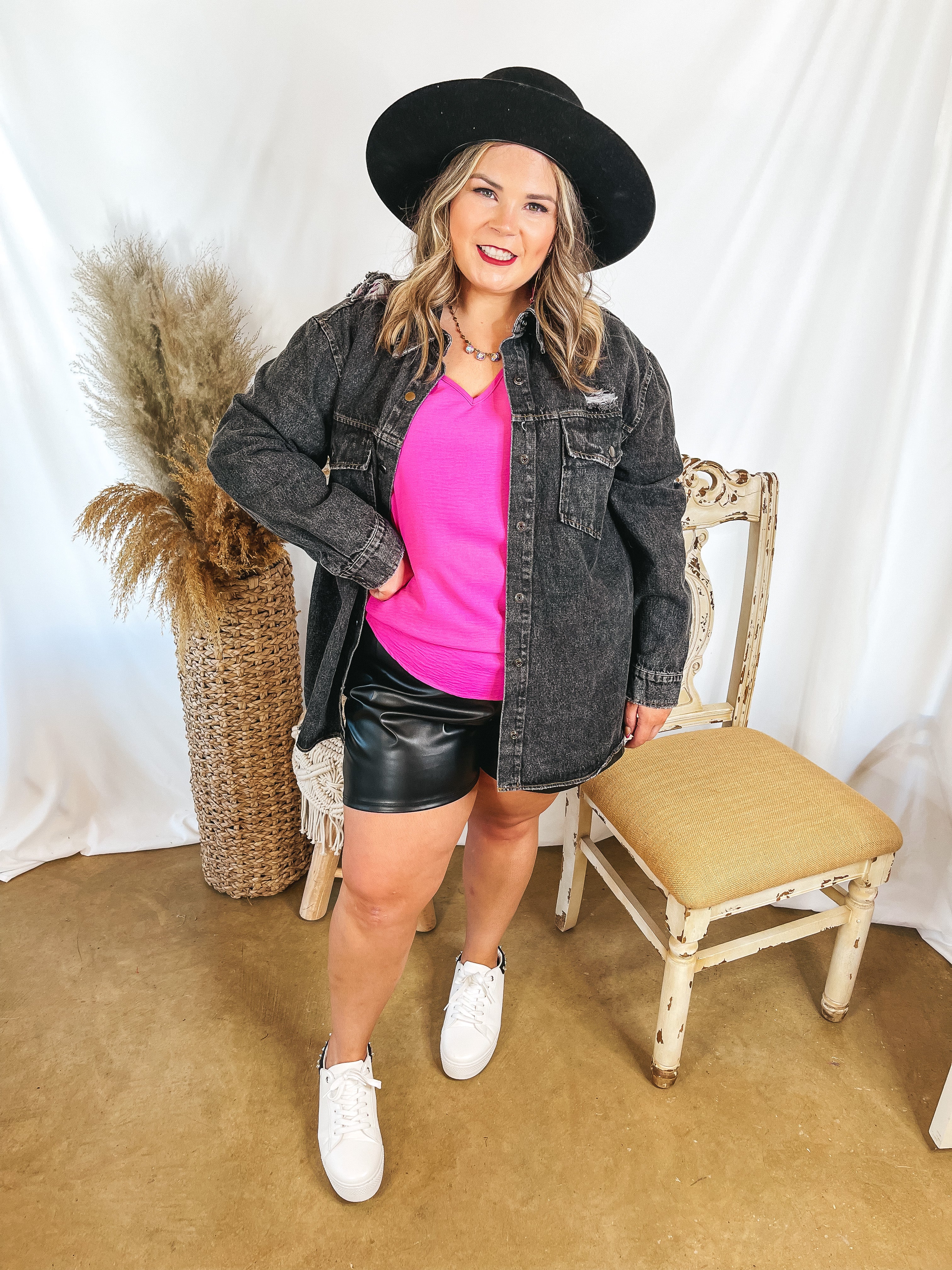 Wish and Wander Distressed Denim Button Up Shacket in Black - Giddy Up Glamour Boutique