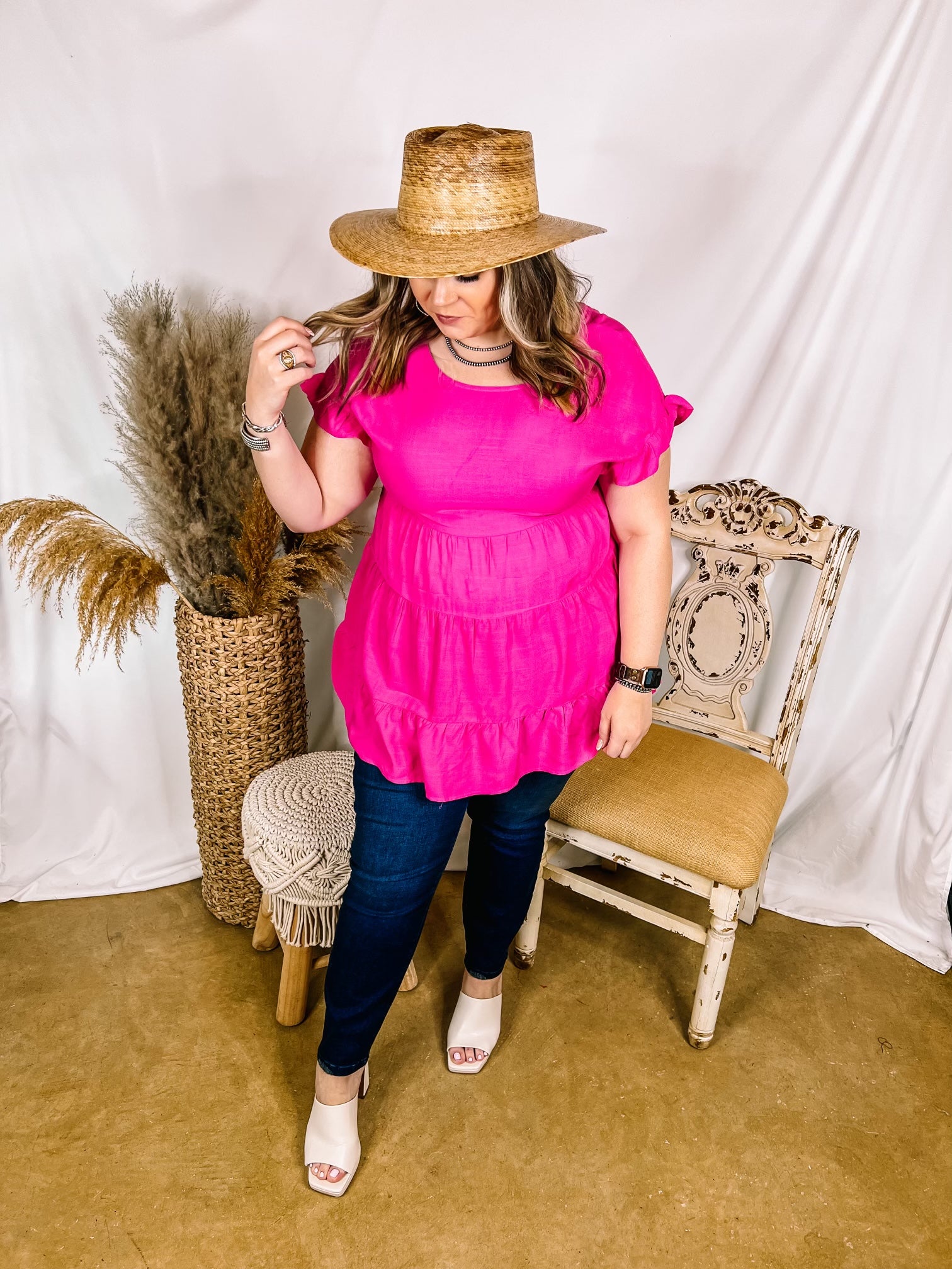 Belong To You Tiered Top with Ruffle Cap Sleeves in Fuchsia - Giddy Up Glamour Boutique