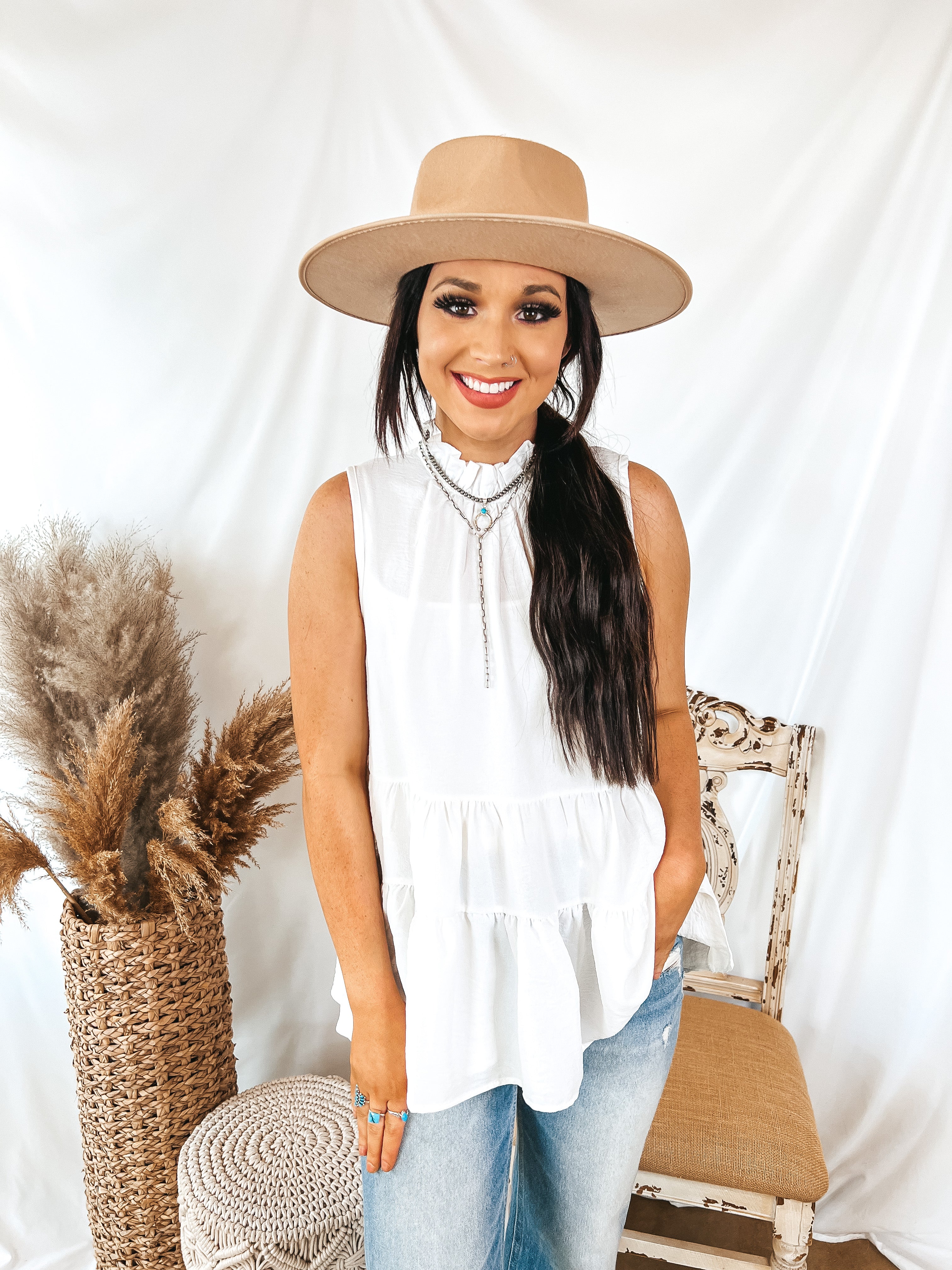 Days In the Sun High Neck Tiered Tank Top in White - Giddy Up Glamour Boutique