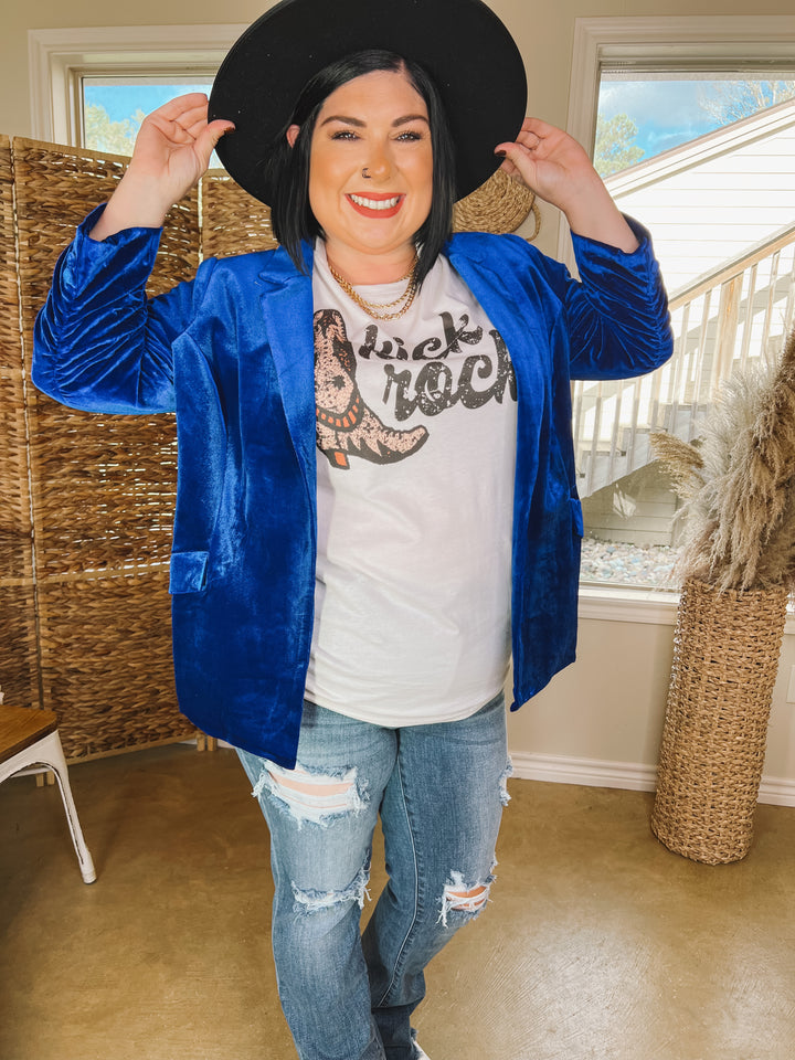 Chic Arrival 3/4 Sleeve Velvet Blazer in Royal Blue - Giddy Up Glamour Boutique