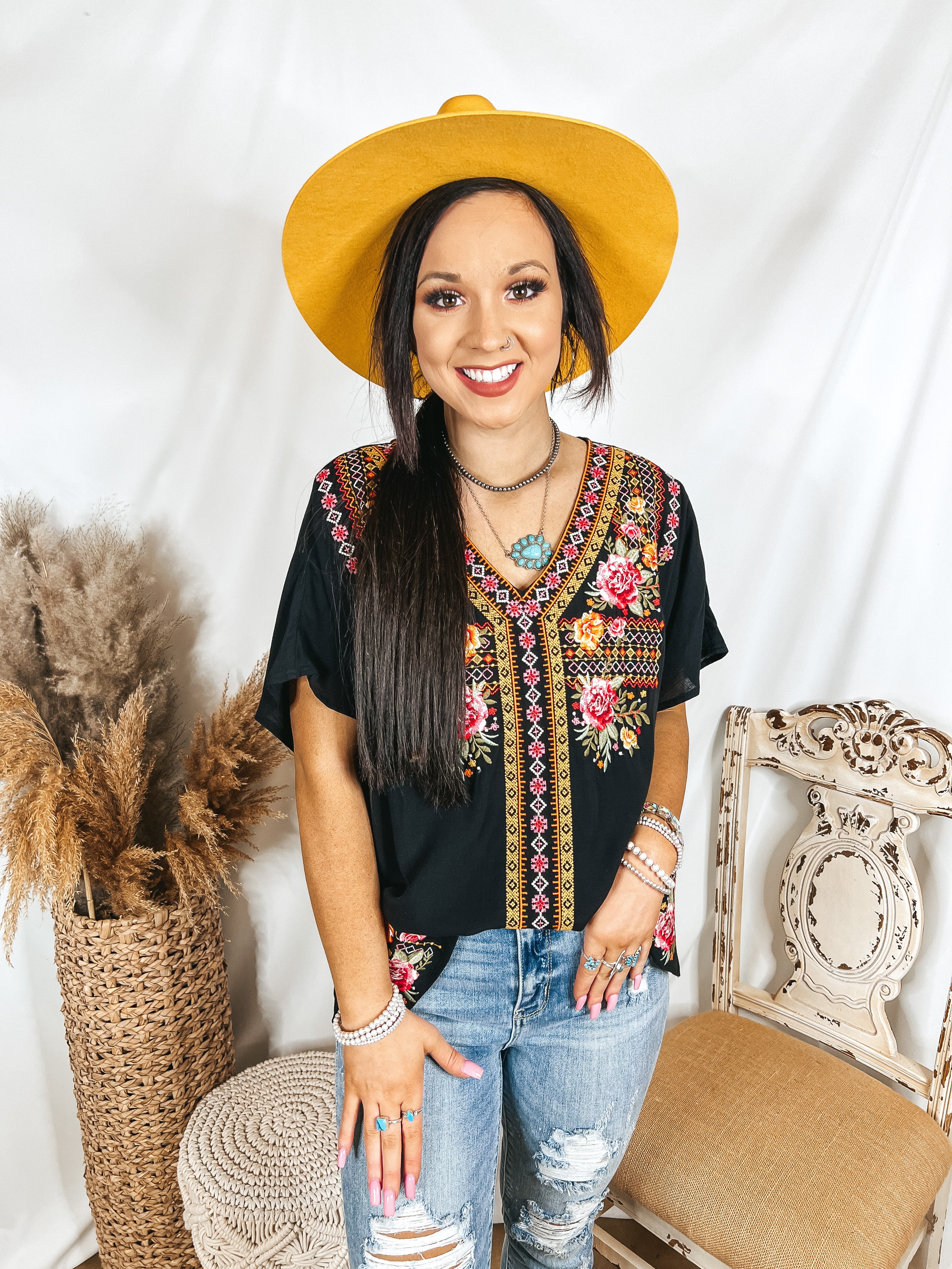 Time in Terlingua Southwest Embroidered Short Sleeve V Neck Top in Black - Giddy Up Glamour Boutique