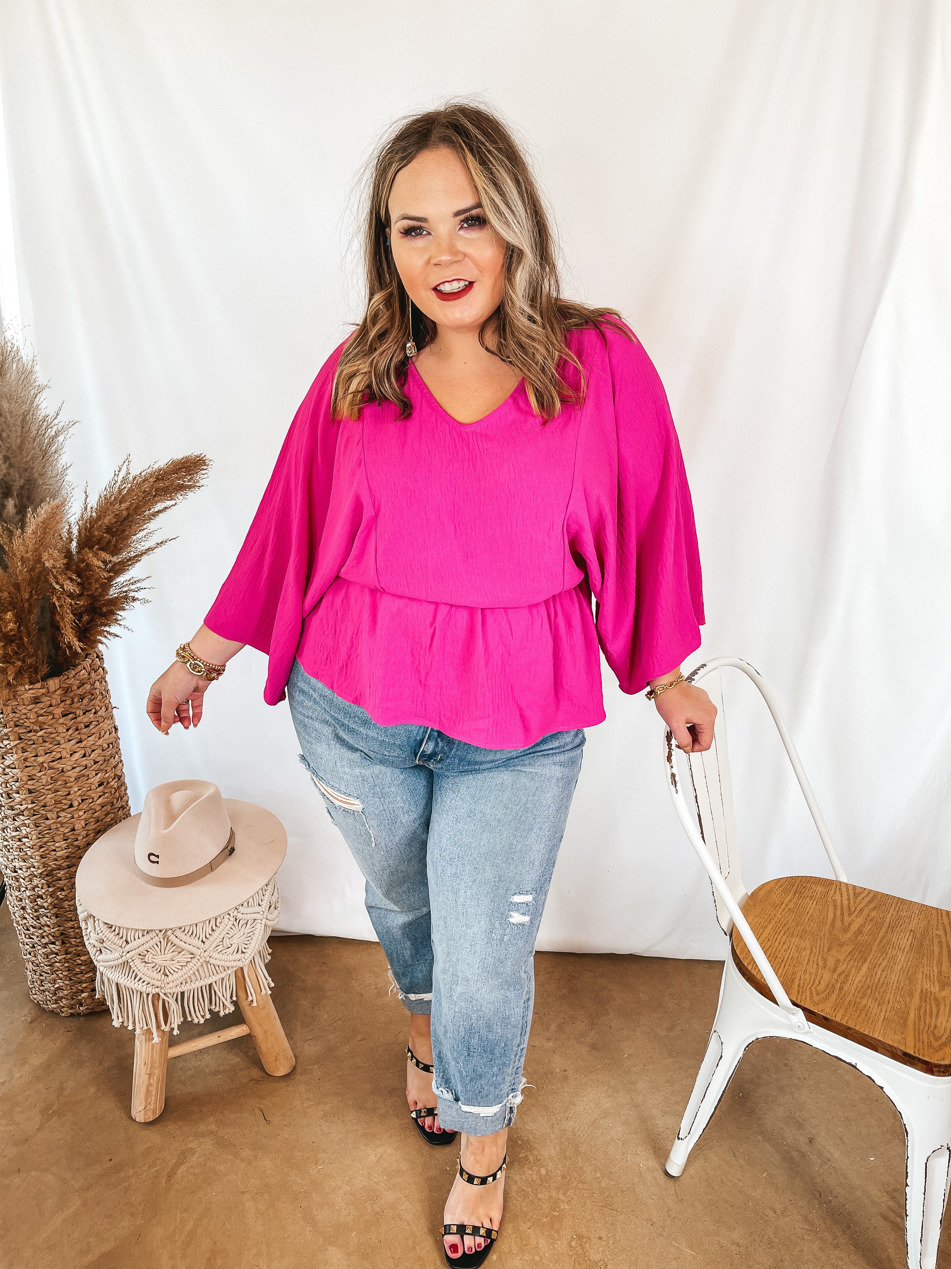 Switch It Up 3/4 Drop Sleeve Peplum Blouse in Fuchsia Pink - Giddy Up Glamour Boutique
