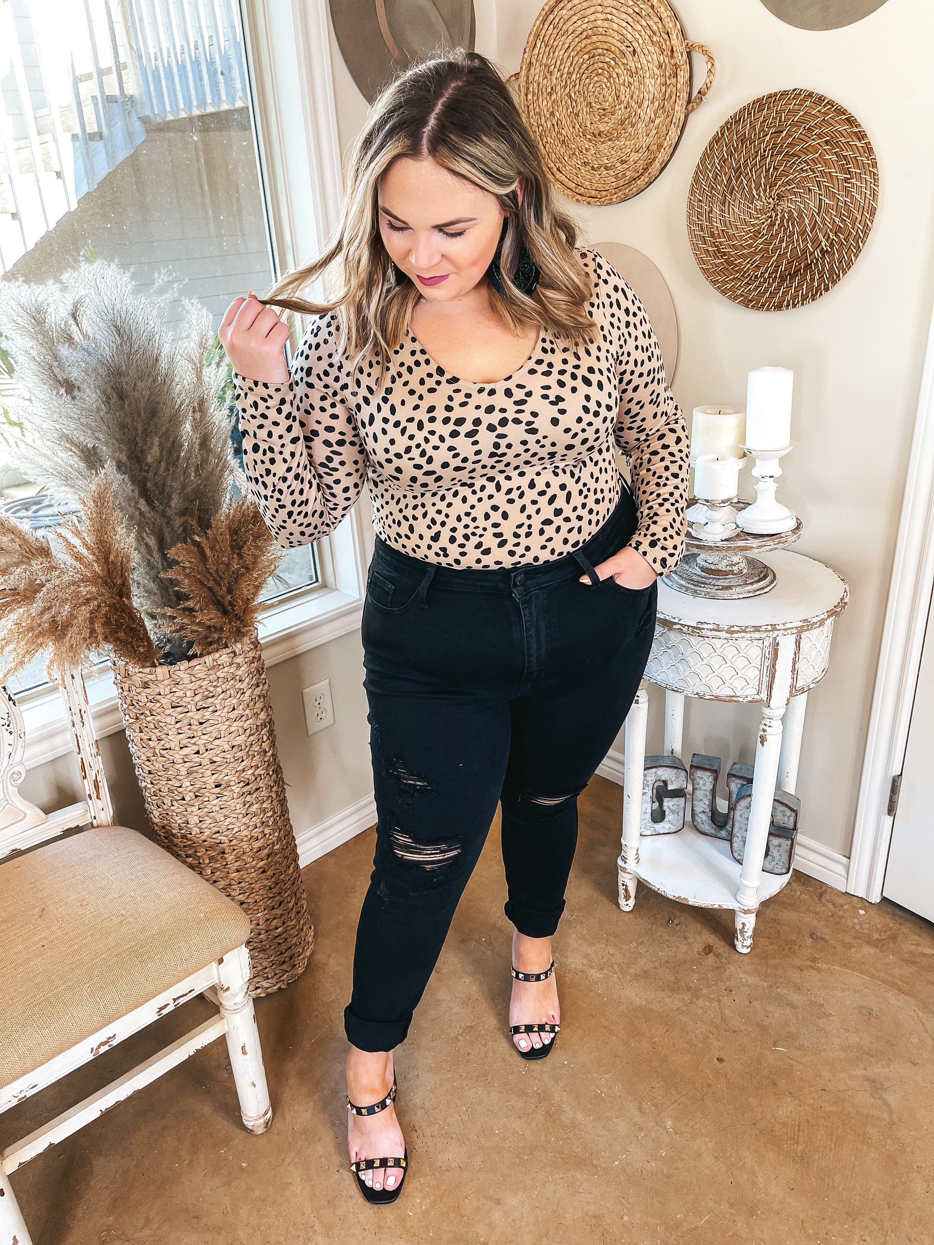 Over the Top V Neck Long Sleeve Dotted Bodysuit in Tan - Giddy Up Glamour Boutique