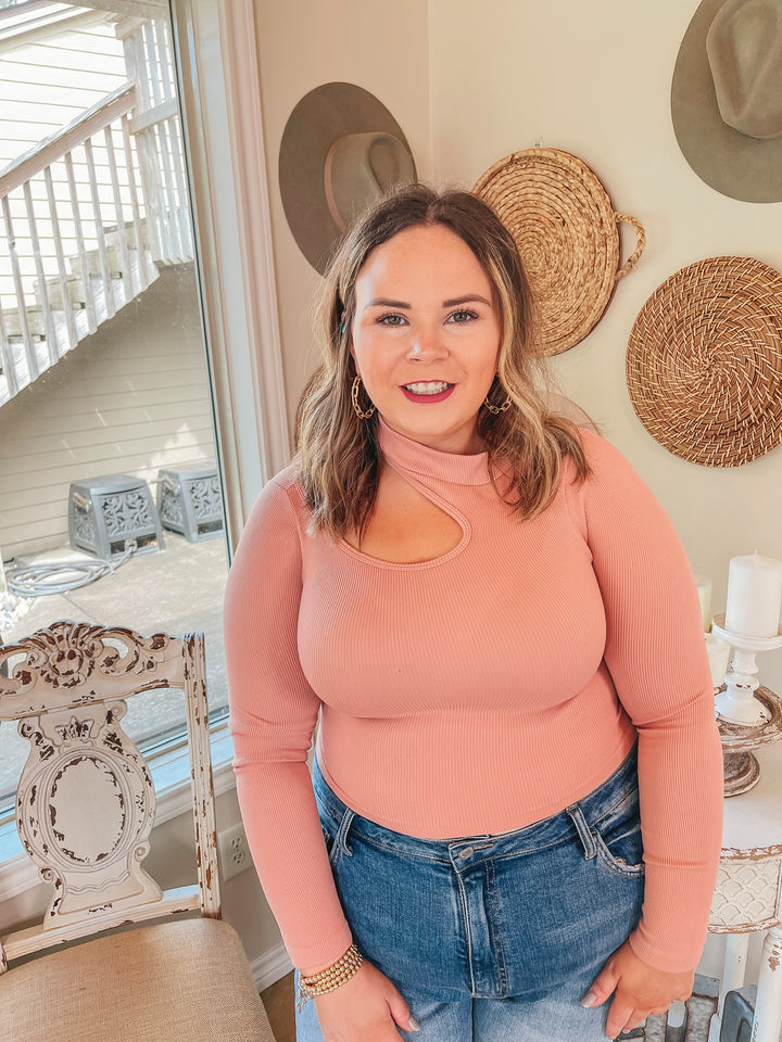 Day Glow Mockneck Cut Out Long Sleeve Crop Top in Mauve - Giddy Up Glamour Boutique