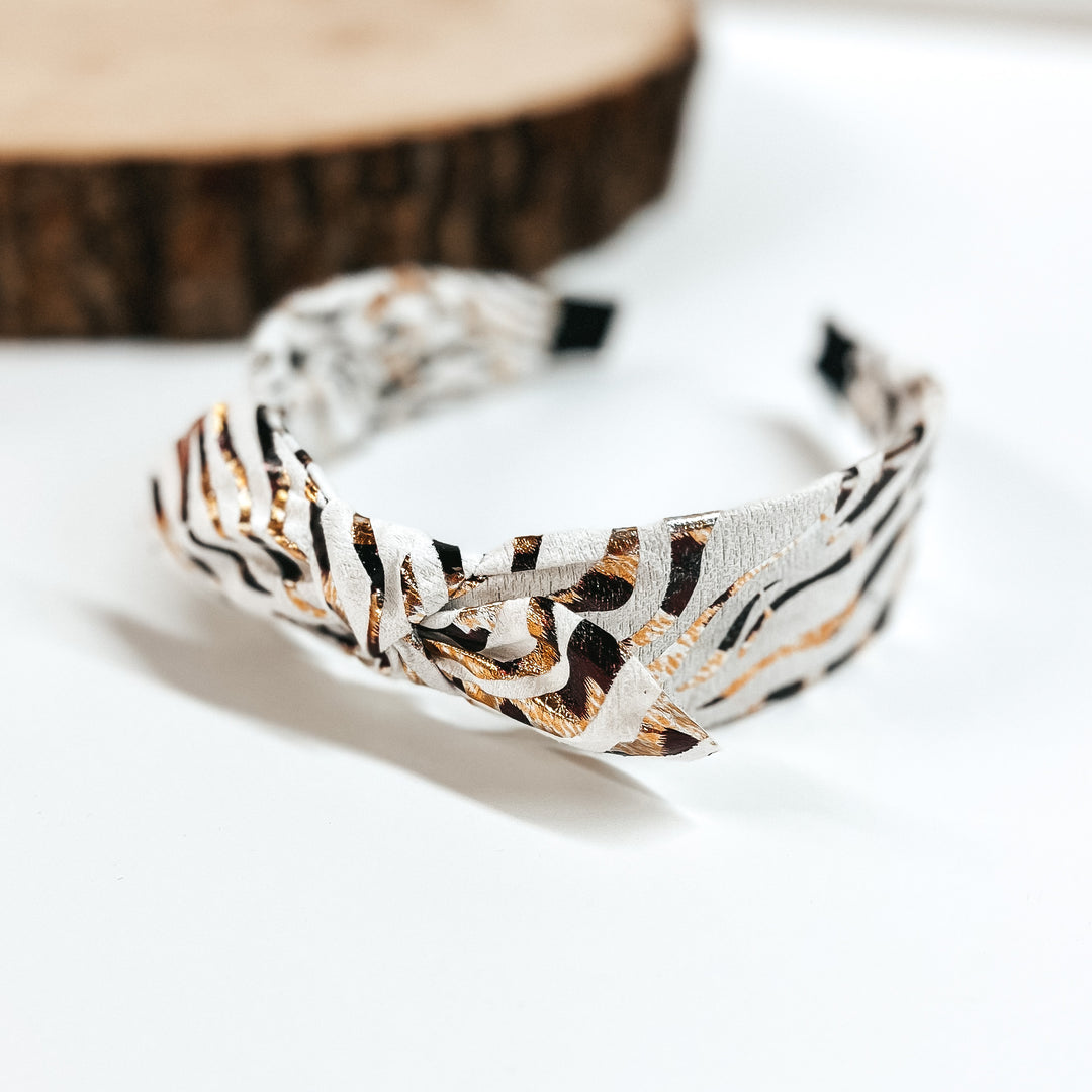 Buy 3 for $10 |  Zebra Gold Foil Headbands with Tie on Plastic Headband - Giddy Up Glamour Boutique