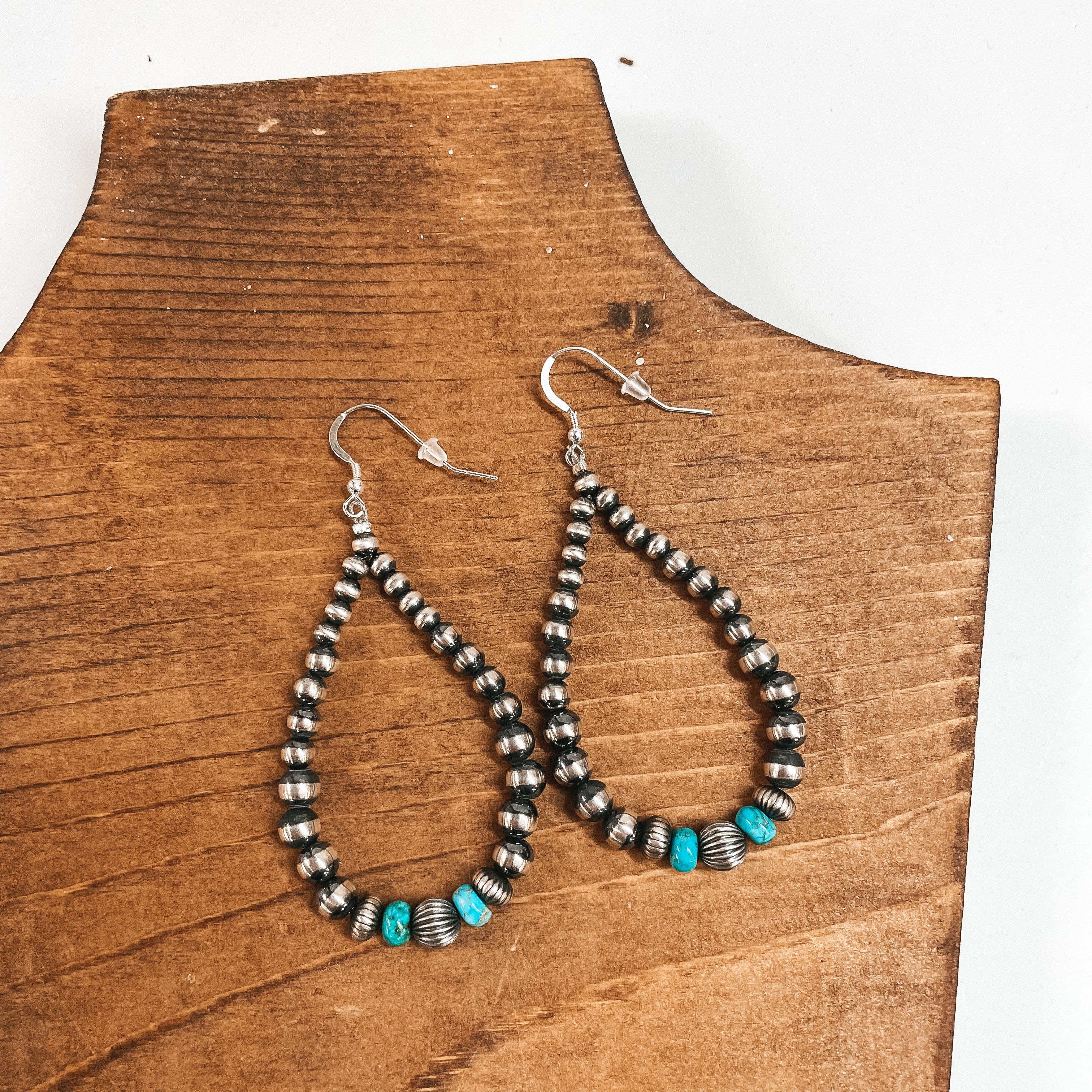 Navajo | Navajo Handmade Sterling Silver Navajo Pearl and Turquoise Bead Teardrop Earrings - Giddy Up Glamour Boutique