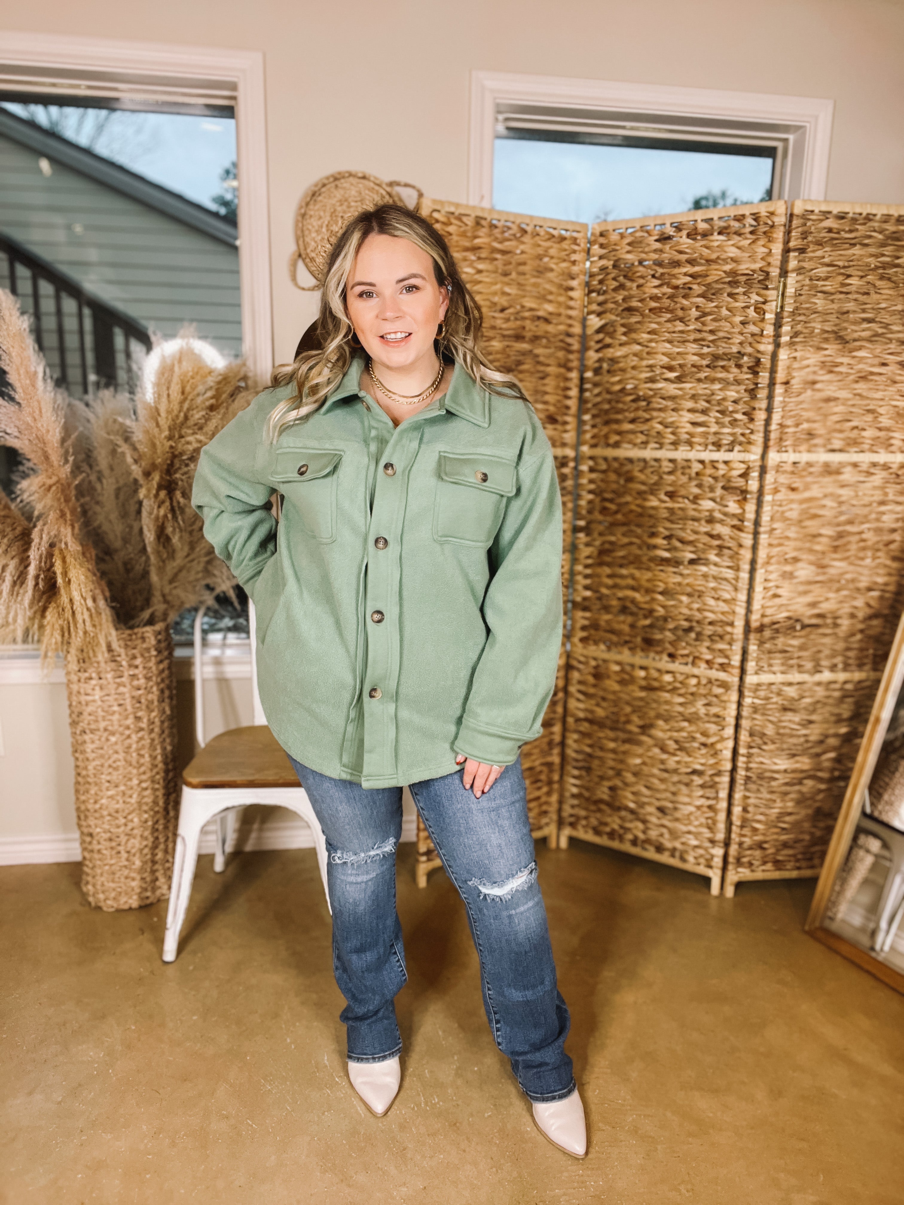 Hollywood Hike Button Up Fleece Jacket with Pockets in Mint - Giddy Up Glamour Boutique