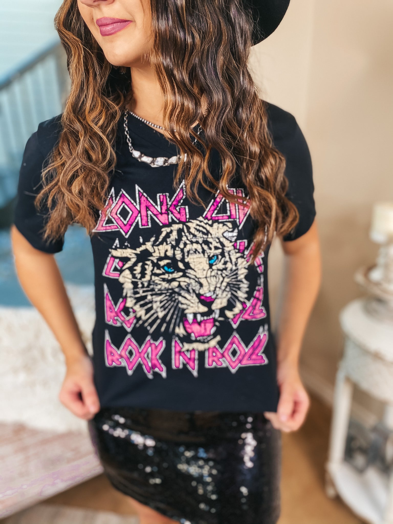 Tiger Queen Long Live Rock N' Roll Tiger V Neck Graphic Tee in Black - Giddy Up Glamour Boutique