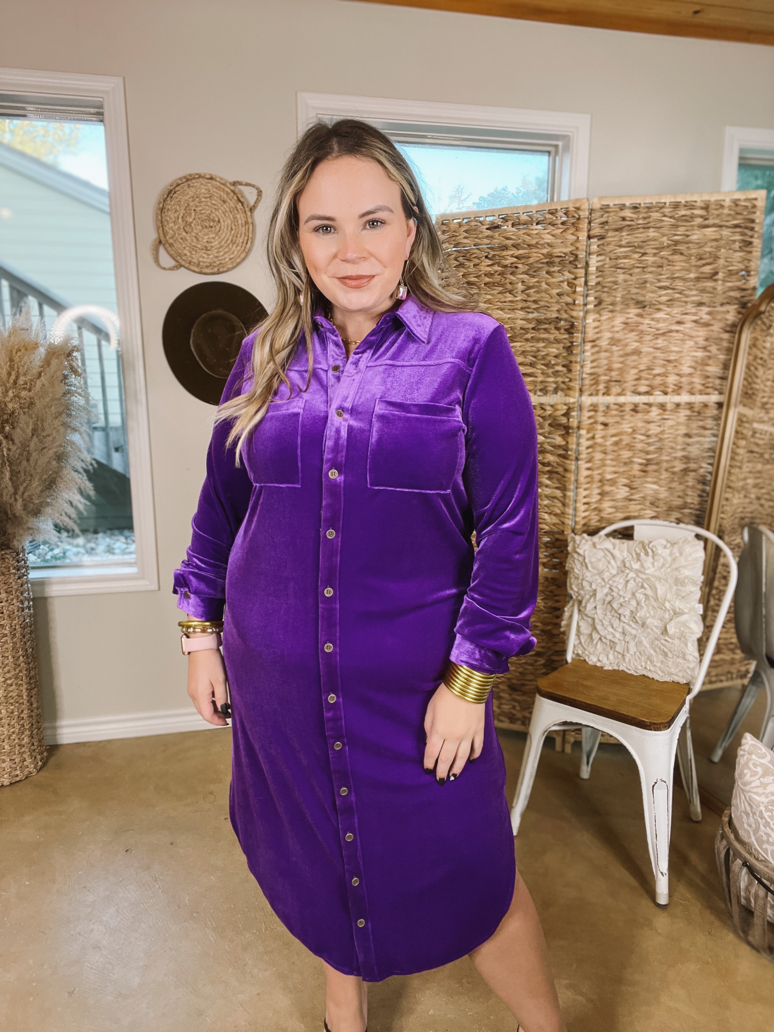 London Fog Velvet Button Up Midi Dress with Long Sleeves in Purple - Giddy Up Glamour Boutique