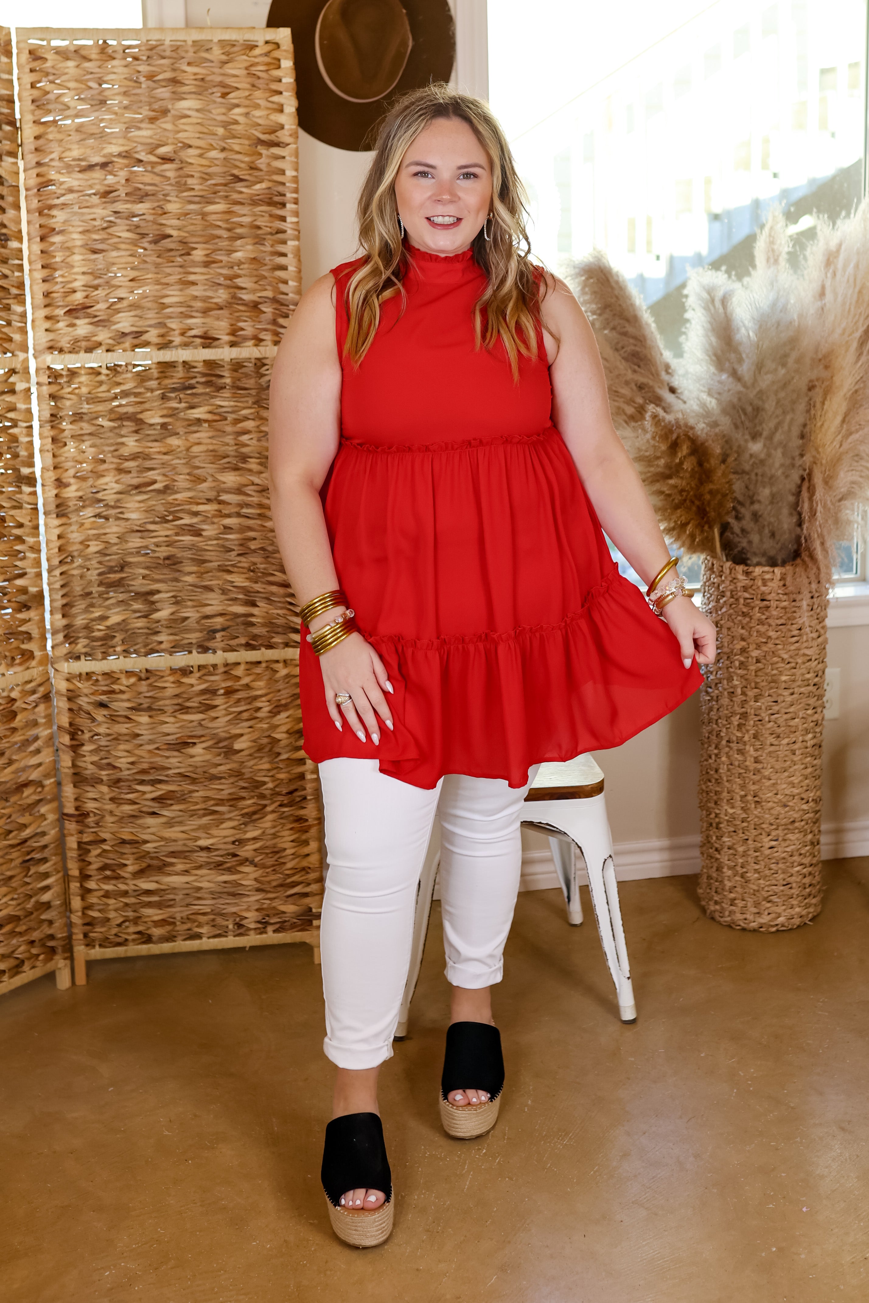 Attempt To Charm High Ruffle Neck Tank Tunic Top in Red - Giddy Up Glamour Boutique
