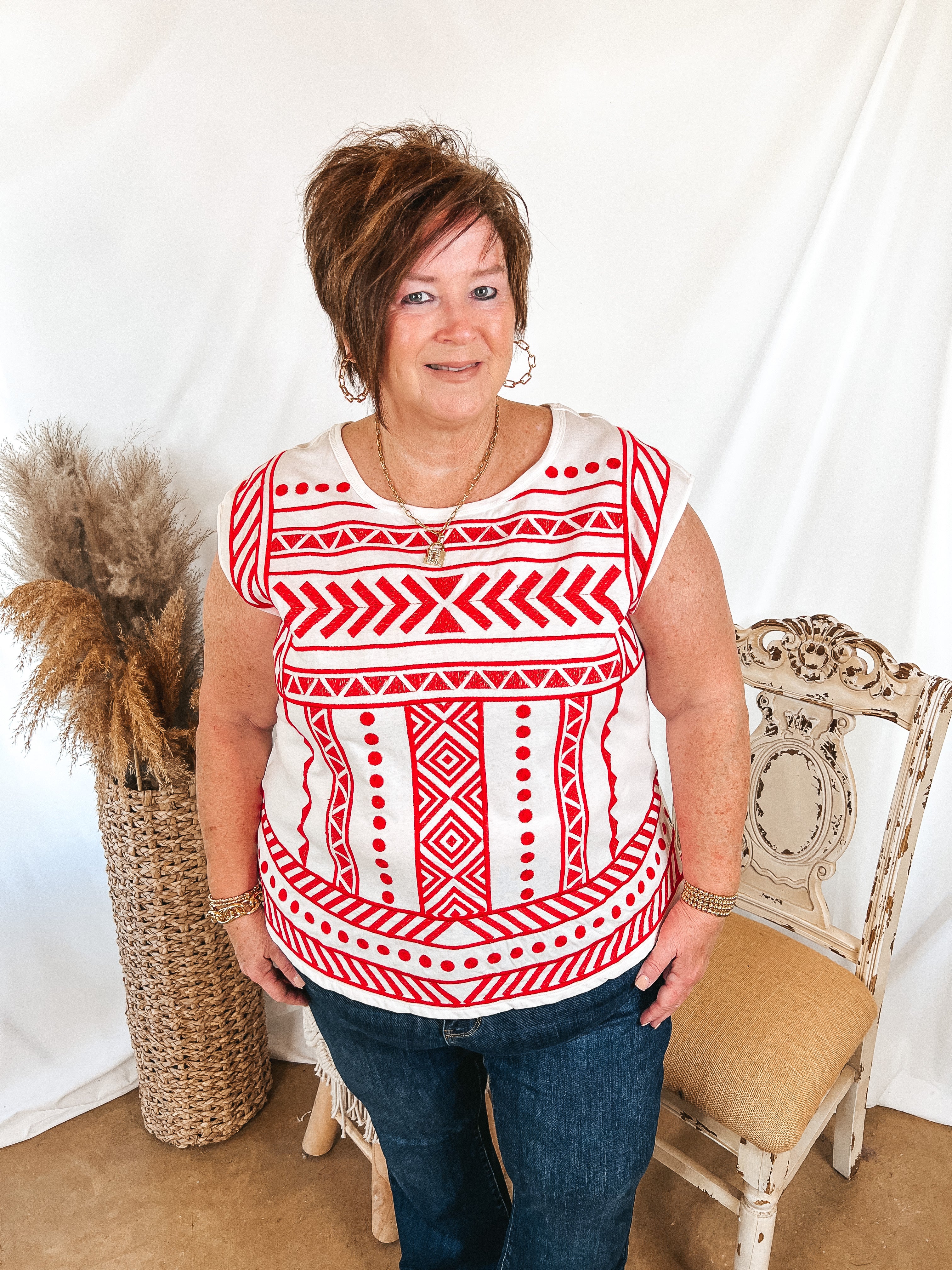 Call To You Red Pattern Embroidered Cap Sleeve Top in White - Giddy Up Glamour Boutique