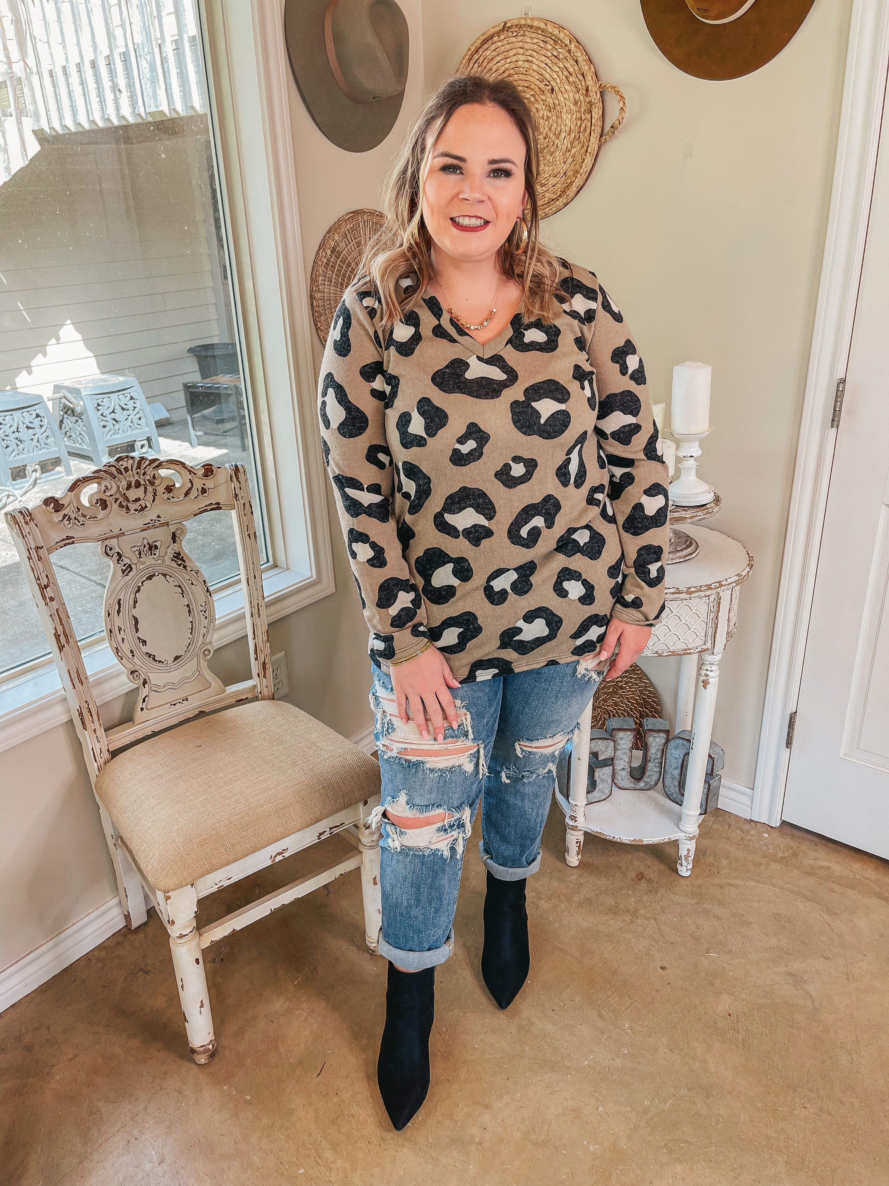 Keep Things Simple Long Sleeve Large Leopard V Neck Pullover Top in Taupe - Giddy Up Glamour Boutique