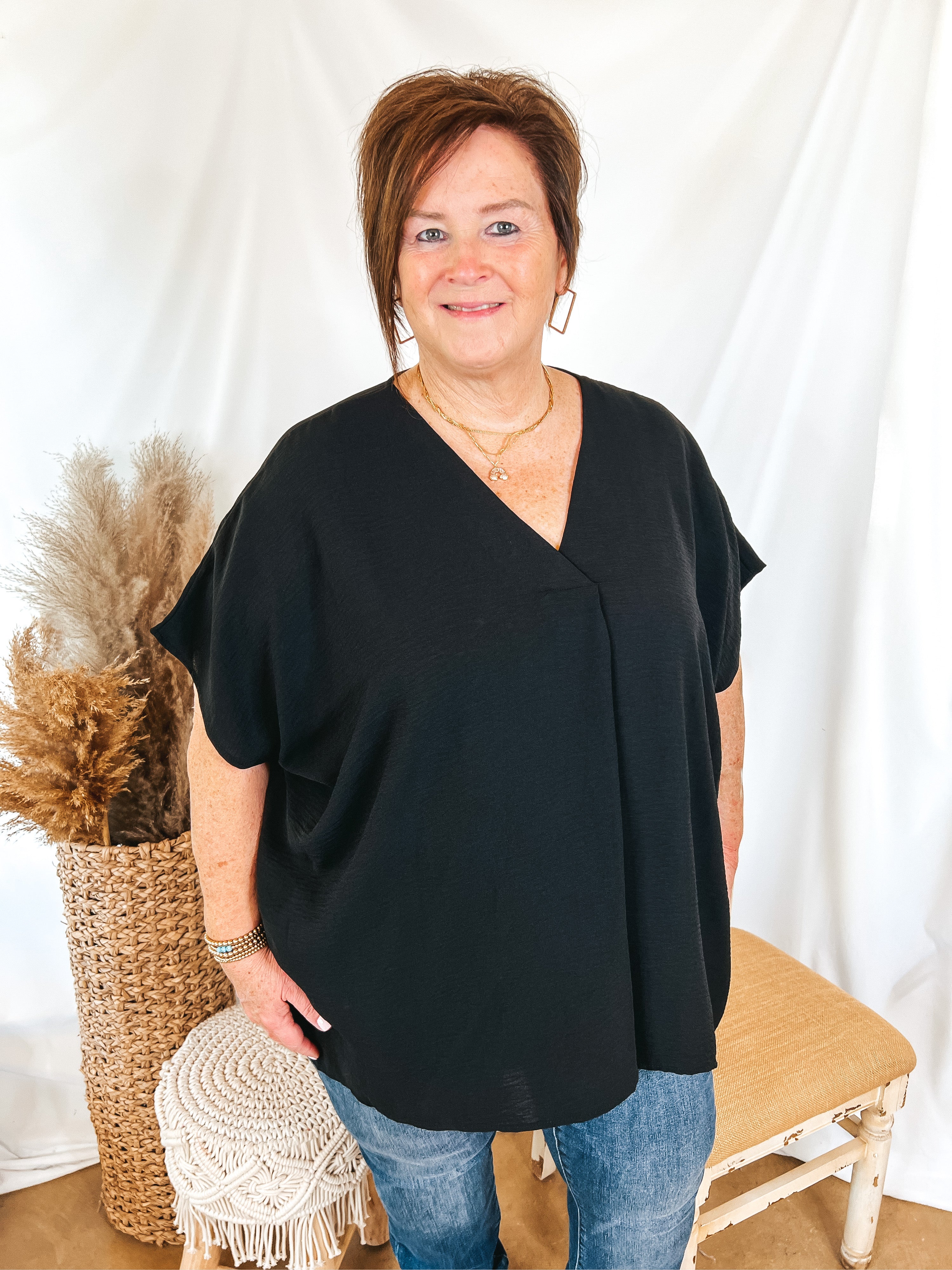 Weekend Out V Neck Placket Short Sleeve Top in Black - Giddy Up Glamour Boutique