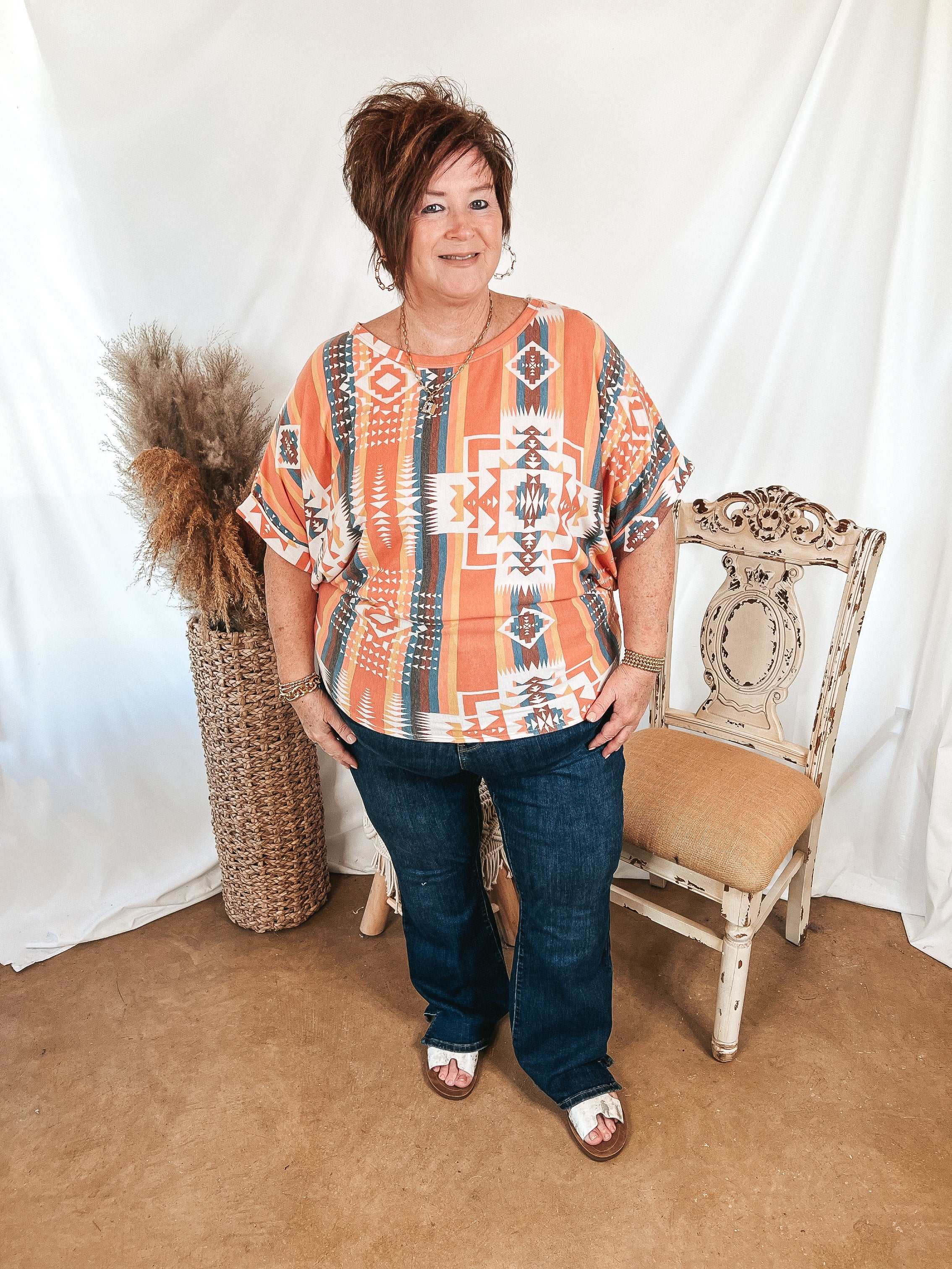 Western Weather Aztec Print Striped Short Sleeve Top in Coral Mix - Giddy Up Glamour Boutique