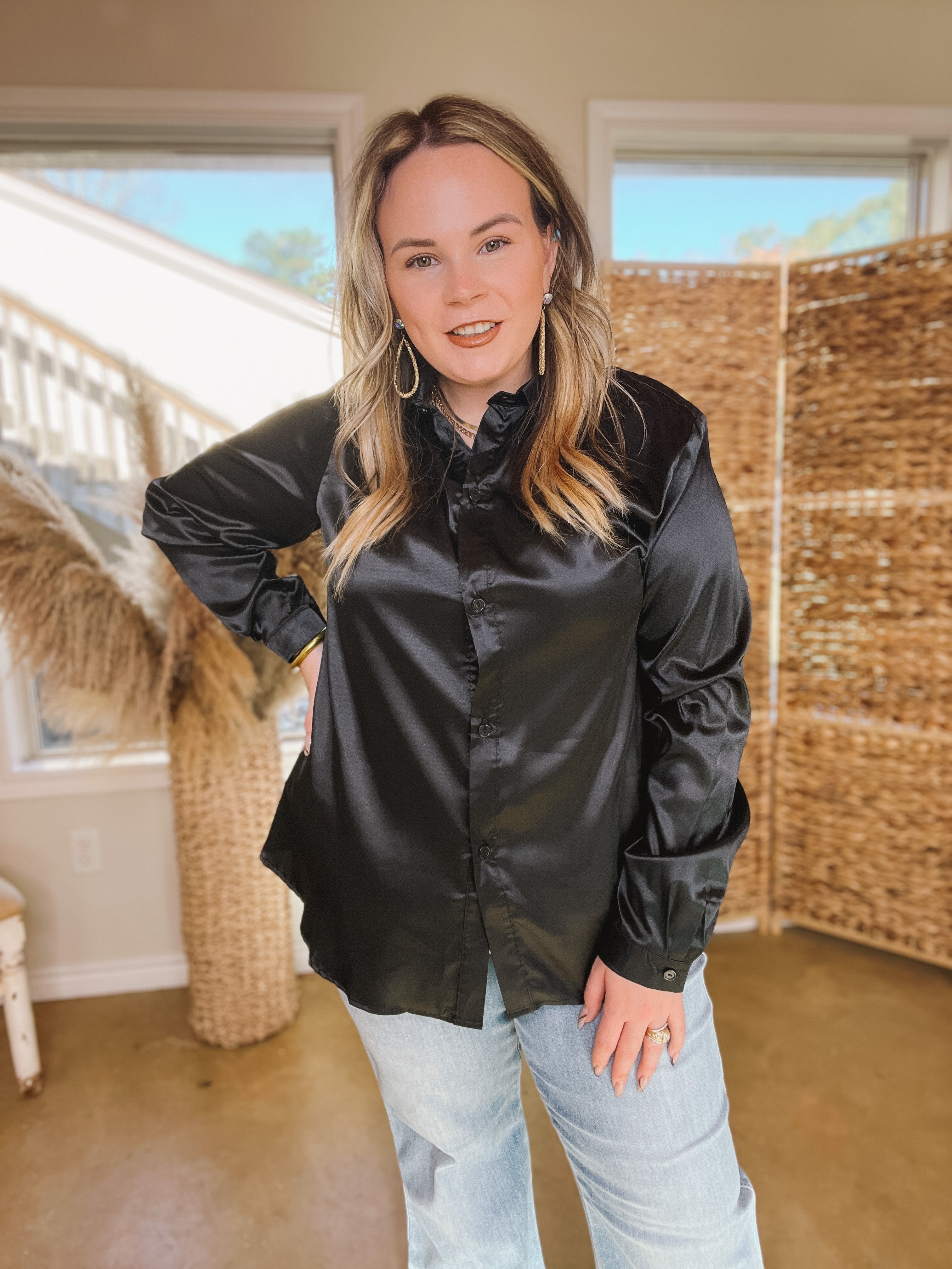 Down To Disco Satin Long Sleeve Button Up Top in Black - Giddy Up Glamour Boutique