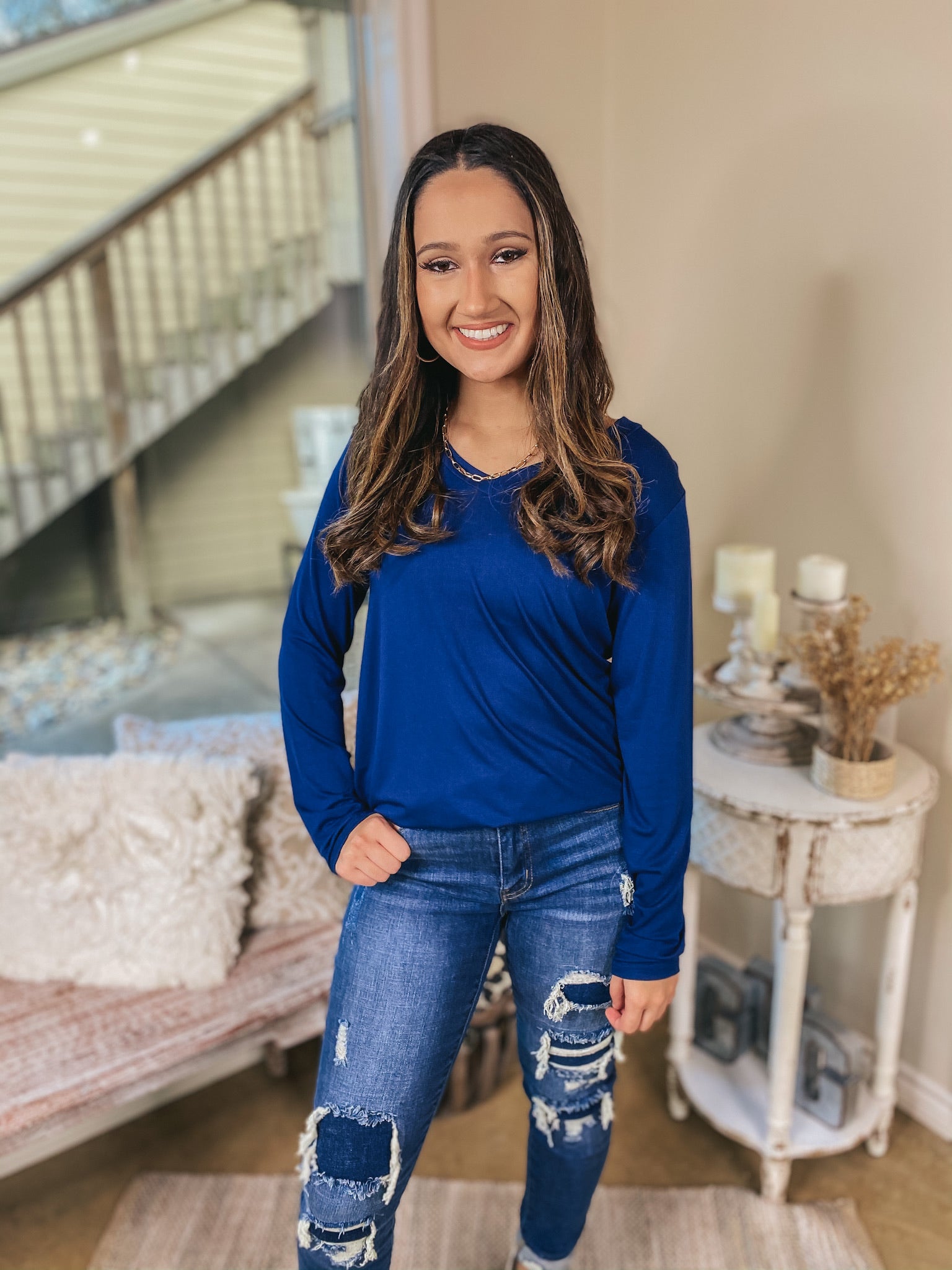 It's That Simple Solid V Neck Long Sleeve Tee in Navy Blue - Giddy Up Glamour Boutique