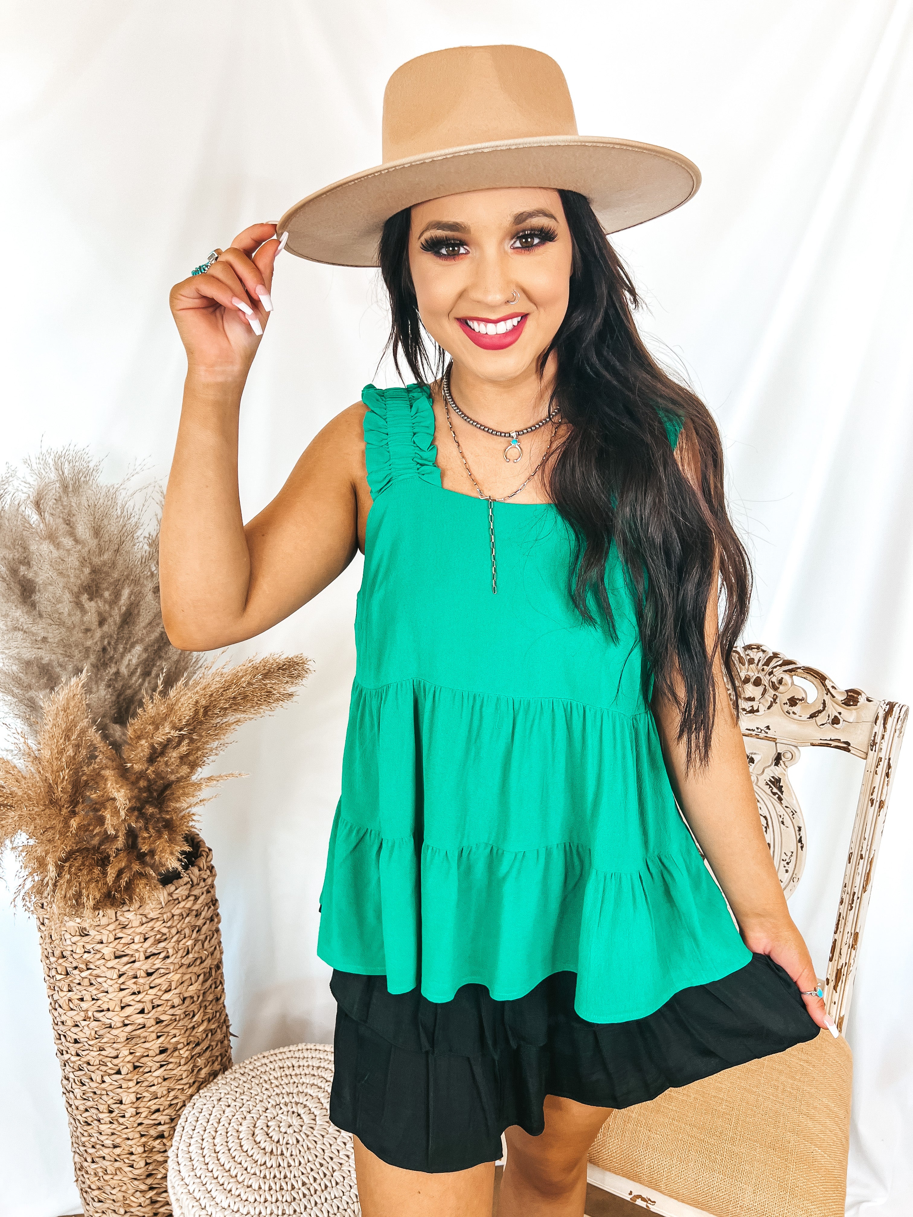 Springing for Happy Ruched Strap Tank Top in Green - Giddy Up Glamour Boutique