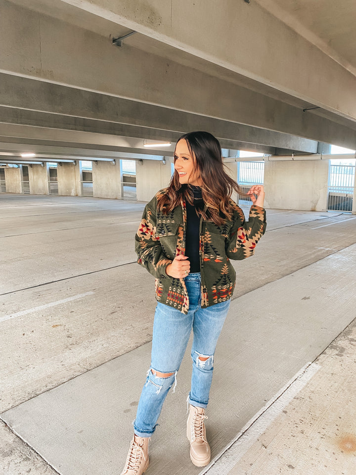 S'mores Weather Aztec Print Button Up Jacket in Olive Green - Giddy Up Glamour Boutique