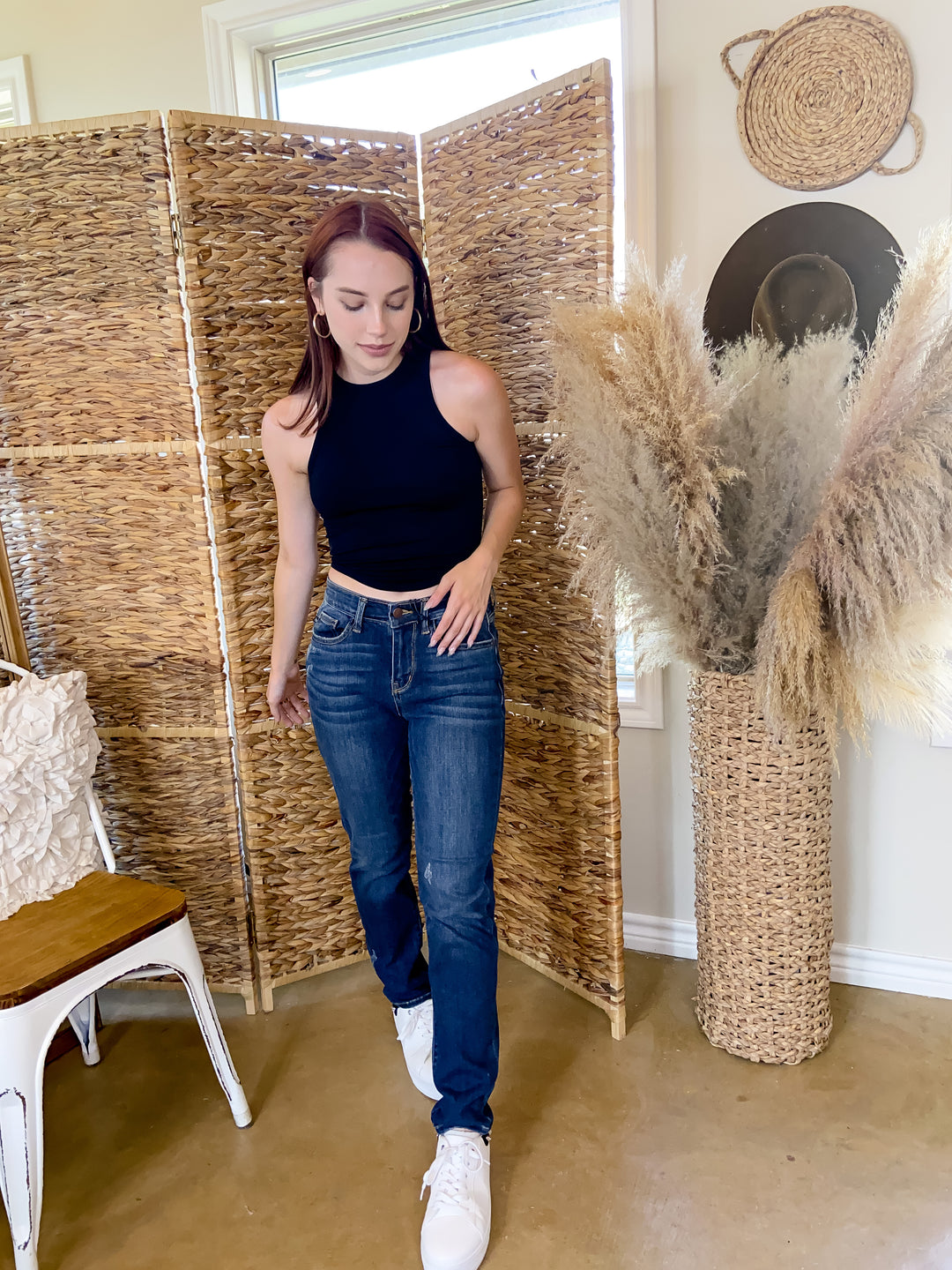 Staying In High Neck Ribbed Crop Tank Top with Scoop Hemline in Black - Giddy Up Glamour Boutique