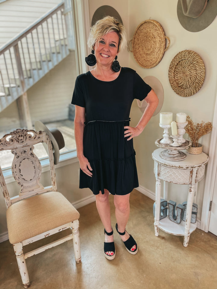 A Night to Remember Ruffle Tiered Short Sleeve Dress in Black - Giddy Up Glamour Boutique